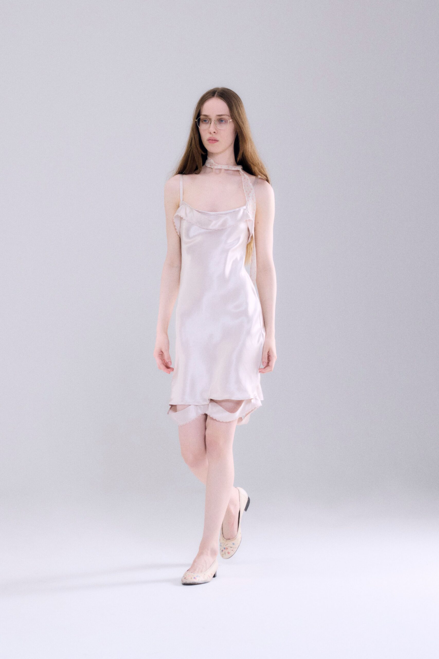 pink silk sleeveless v-neck fitted ruched flowing dress