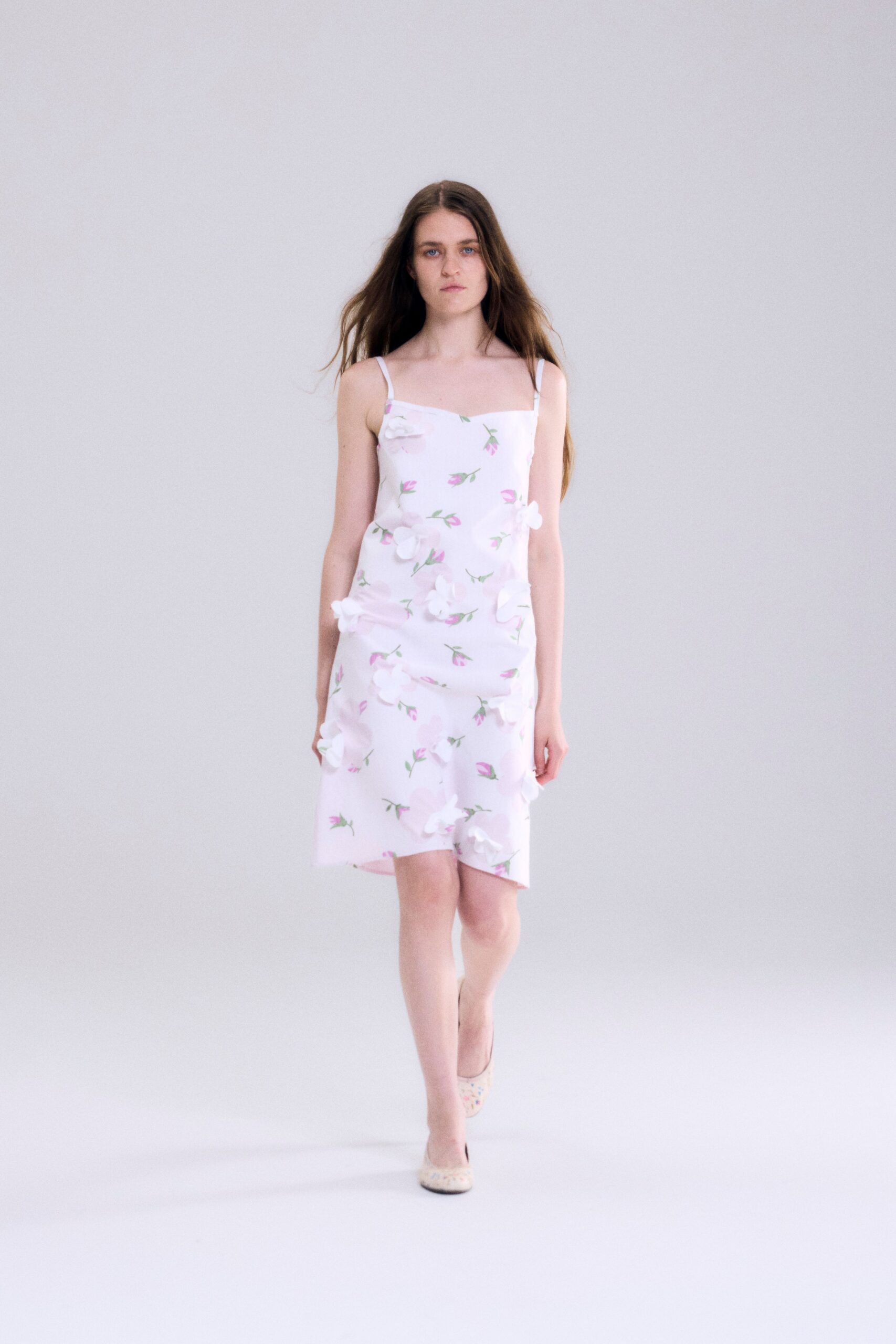 pink silk sleeveless v-neck fitted floral ruched dress