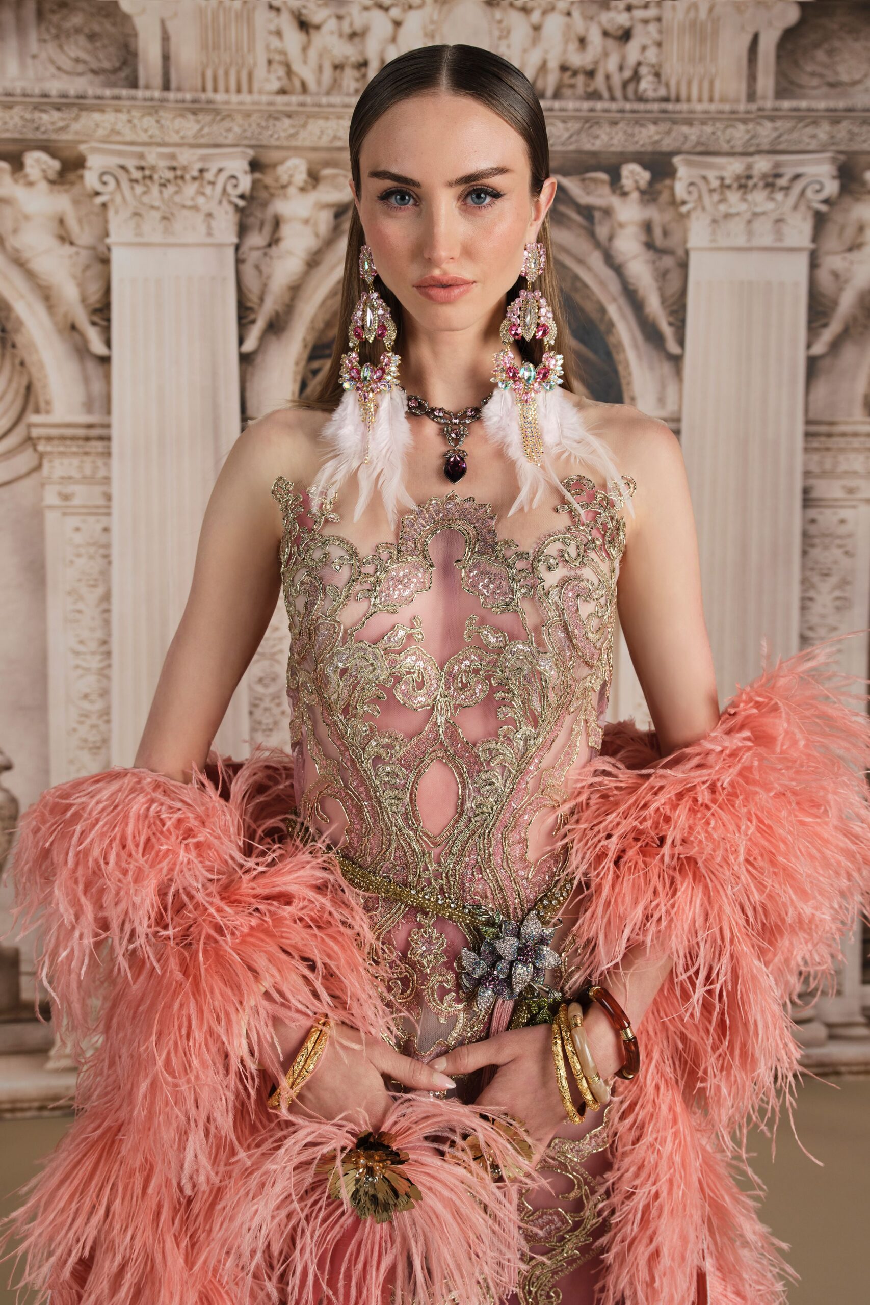 pink silk sleeveless v-neck fitted embroidered beaded gown