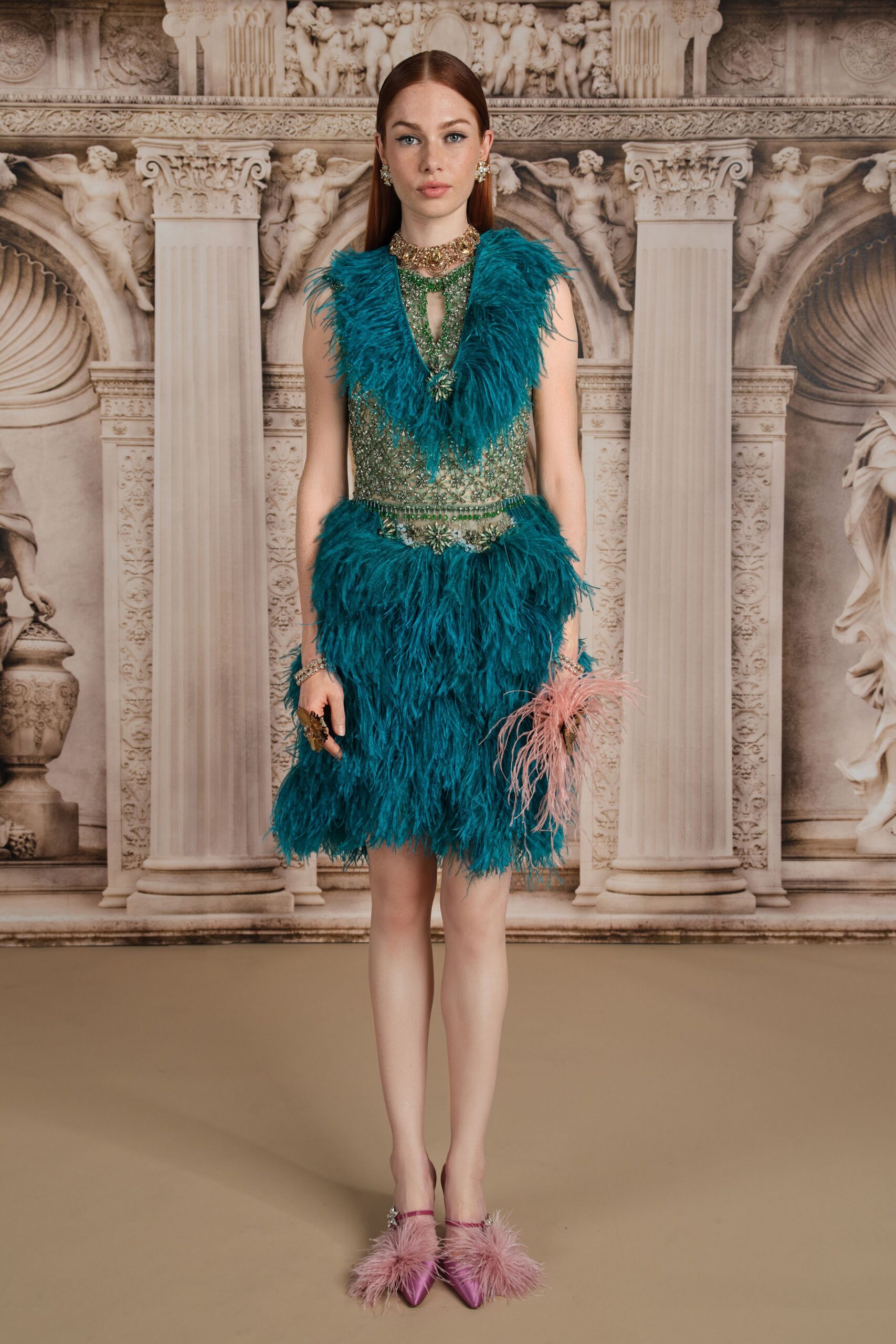 teal fur sleeveless fitted fringed short dress