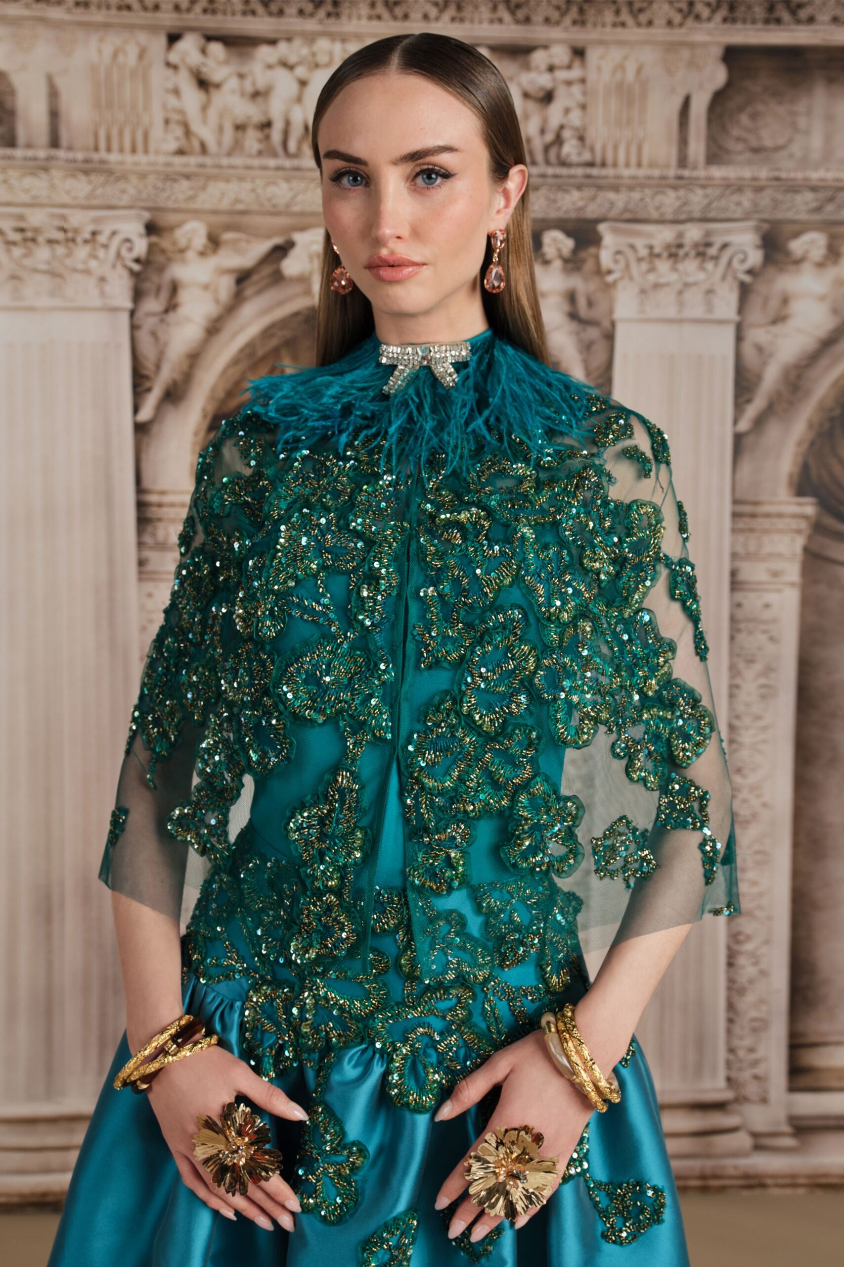 teal silk short-sleeve collared fitted embroidered beaded cape