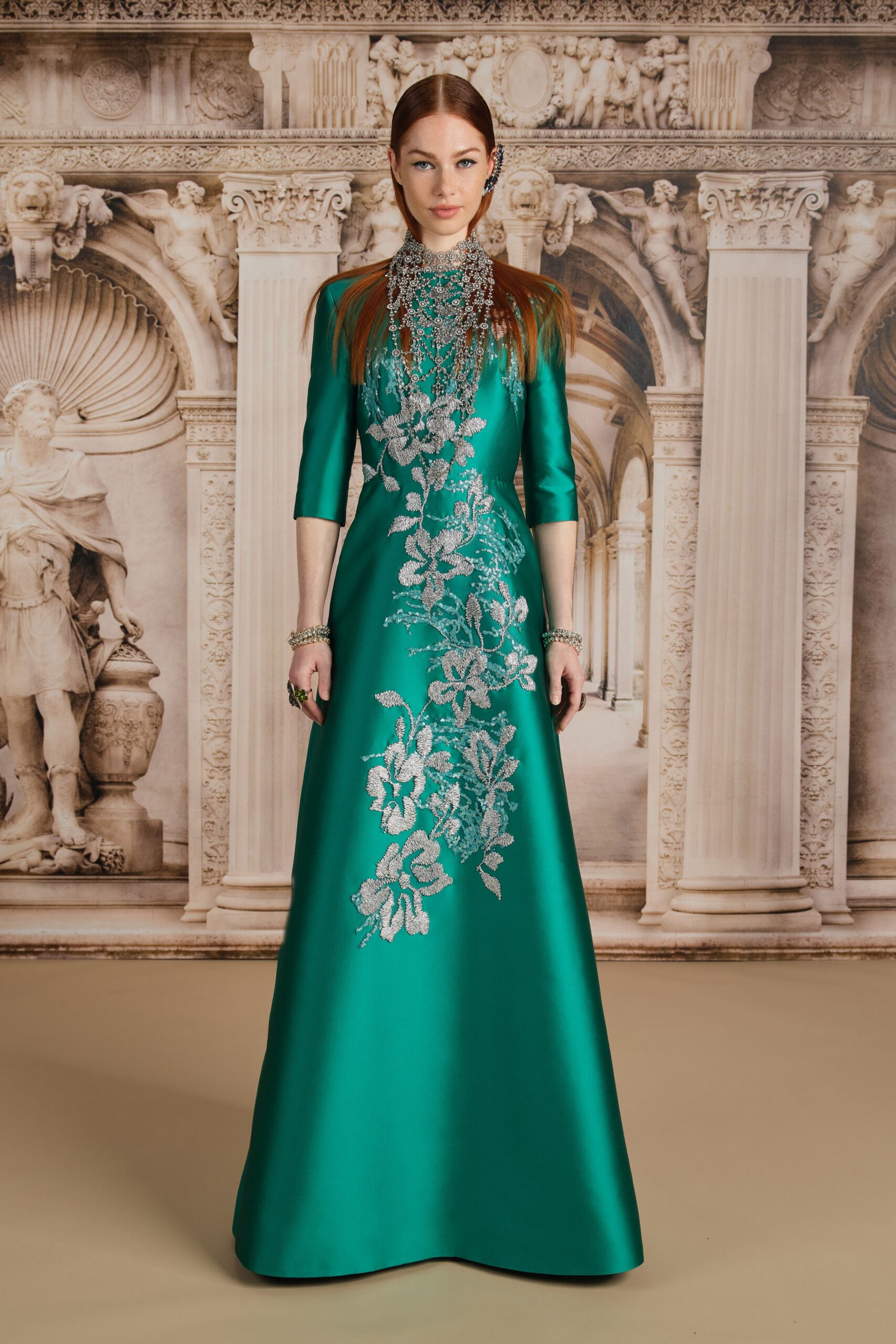 teal silk fitted gown