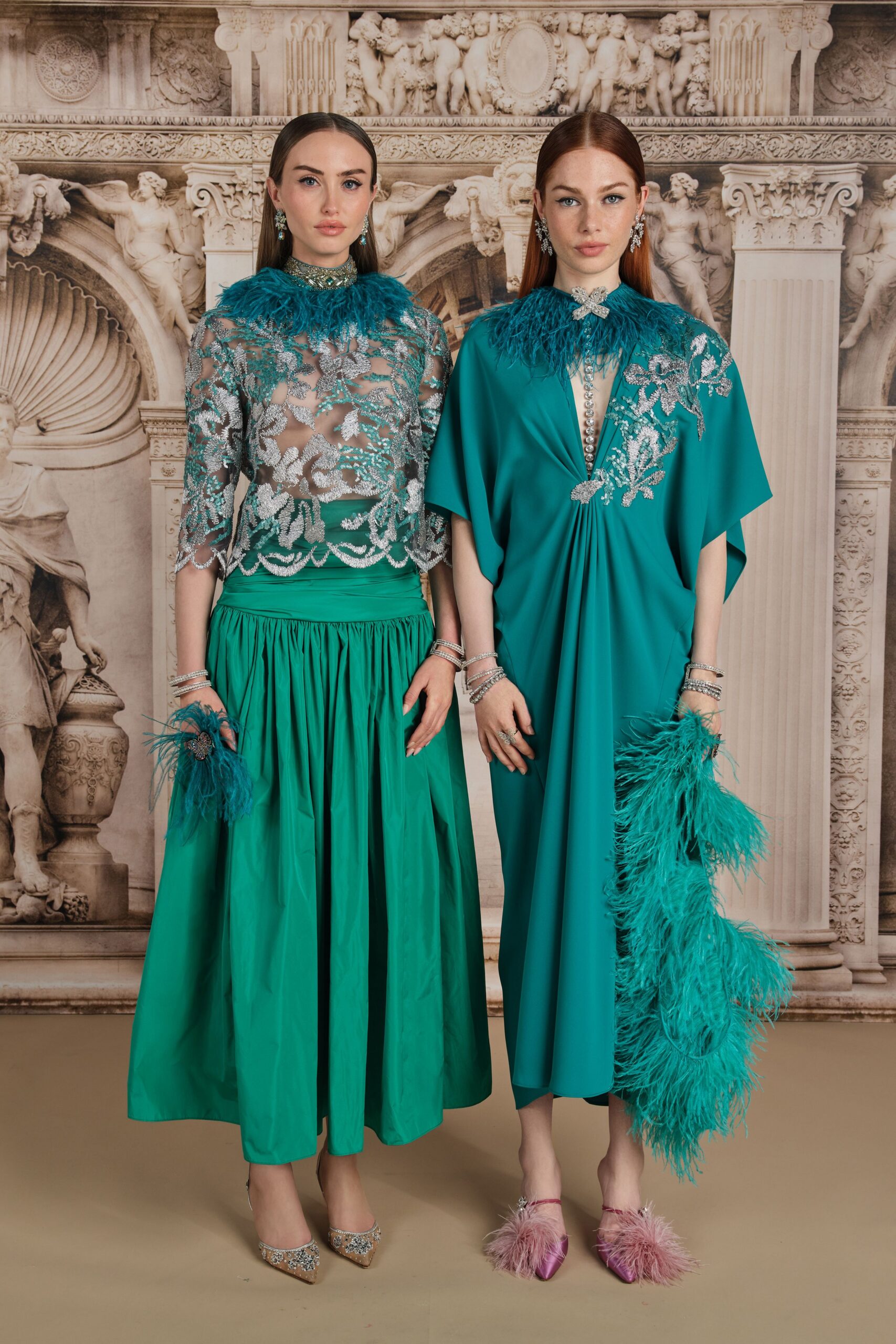 green cotton relaxed pleated midi skirt