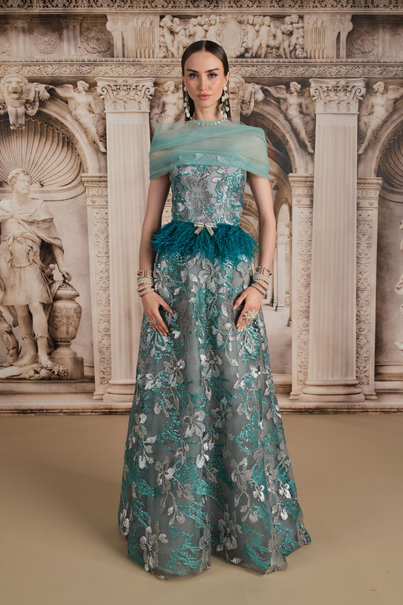 teal embroidered maxi gown