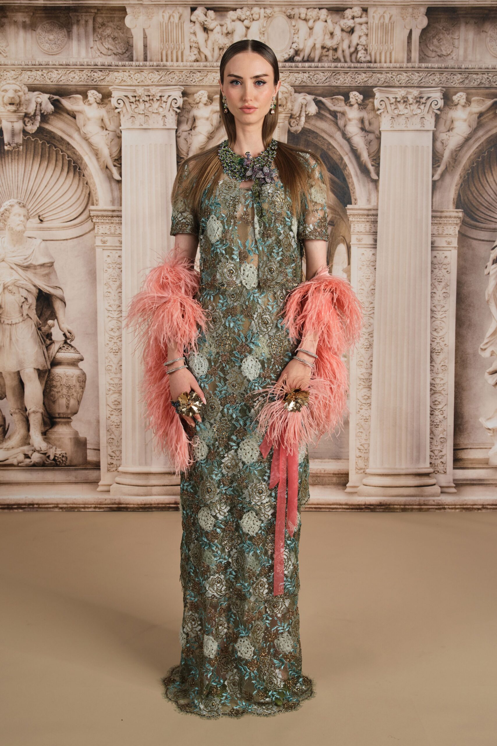 green lace short-sleeve v-neck fitted embroidered tiered gown
