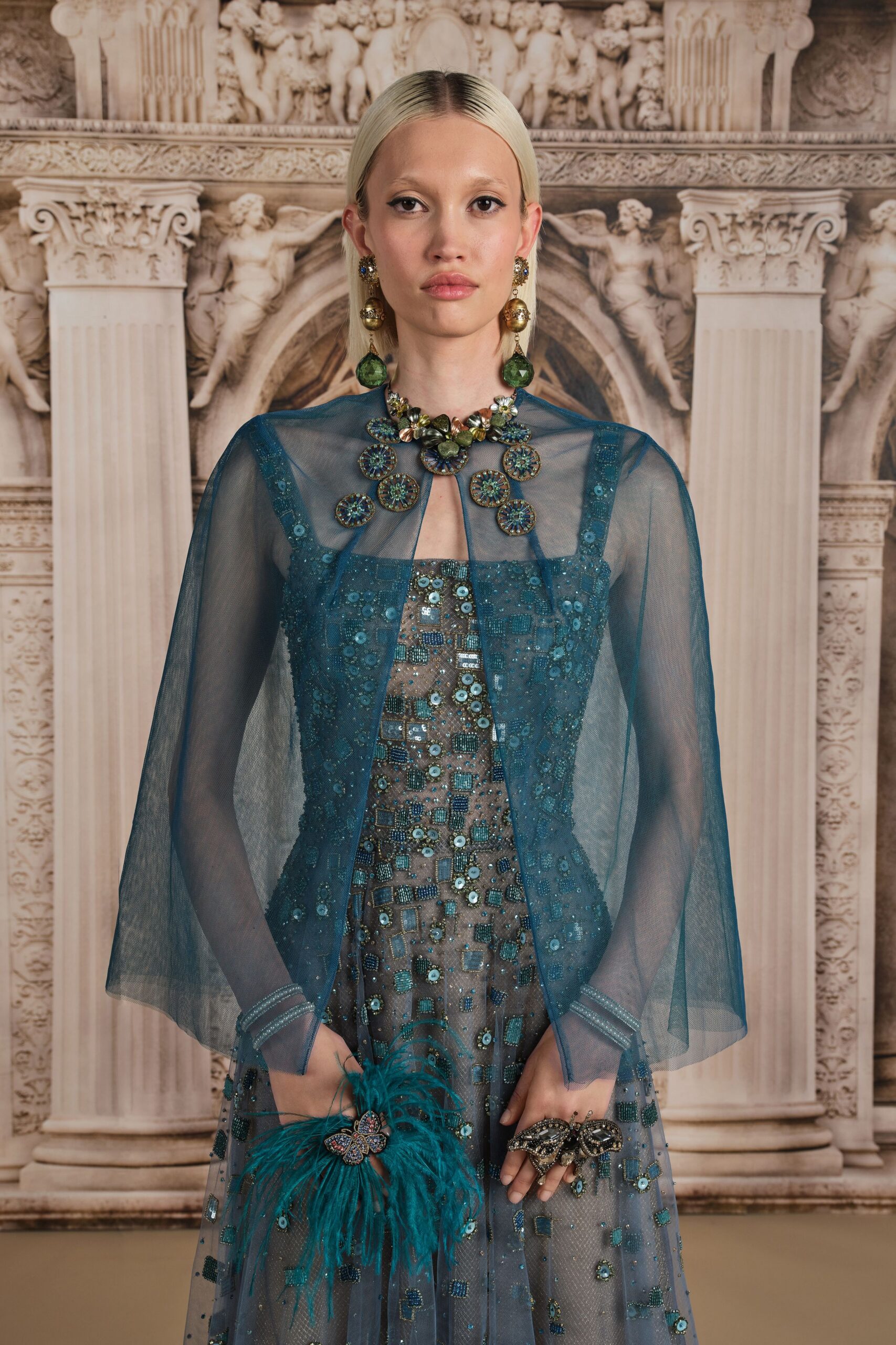 teal chiffon long-sleeve relaxed embroidered sheer cape