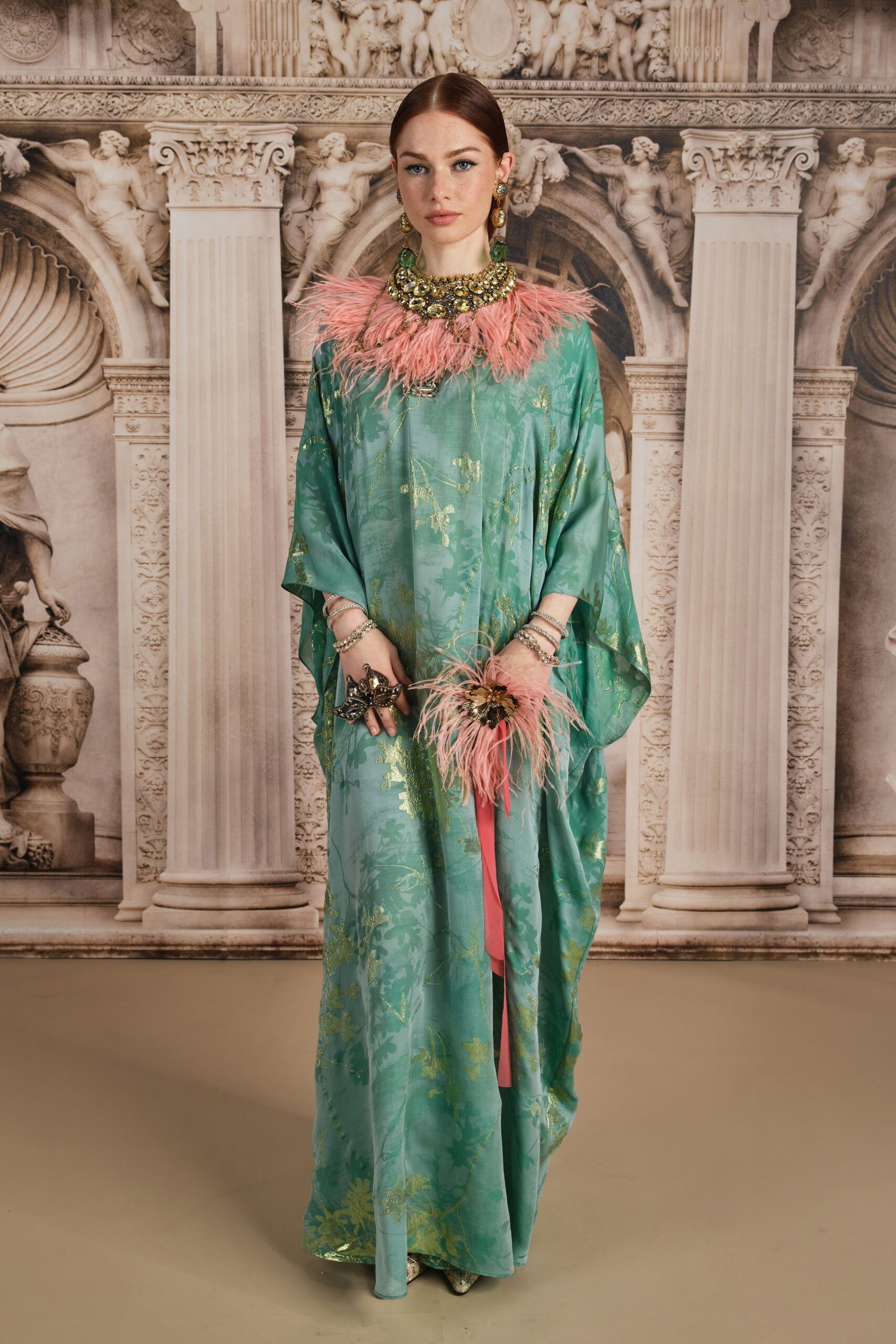 green silk long-sleeve high-neck relaxed embroidered layered gown