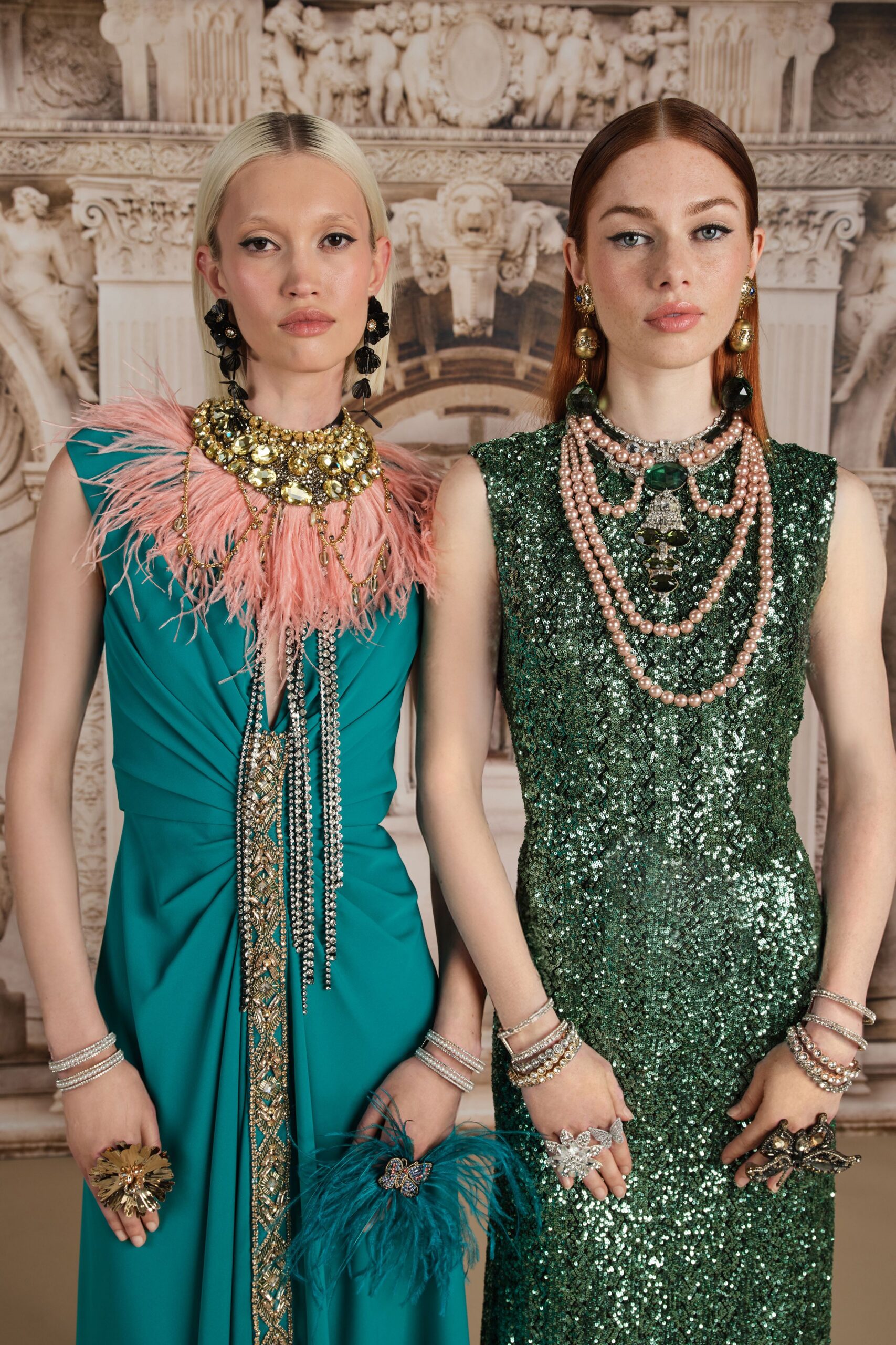 green sequin sleeveless high-neck fitted straight-leg shiny gown