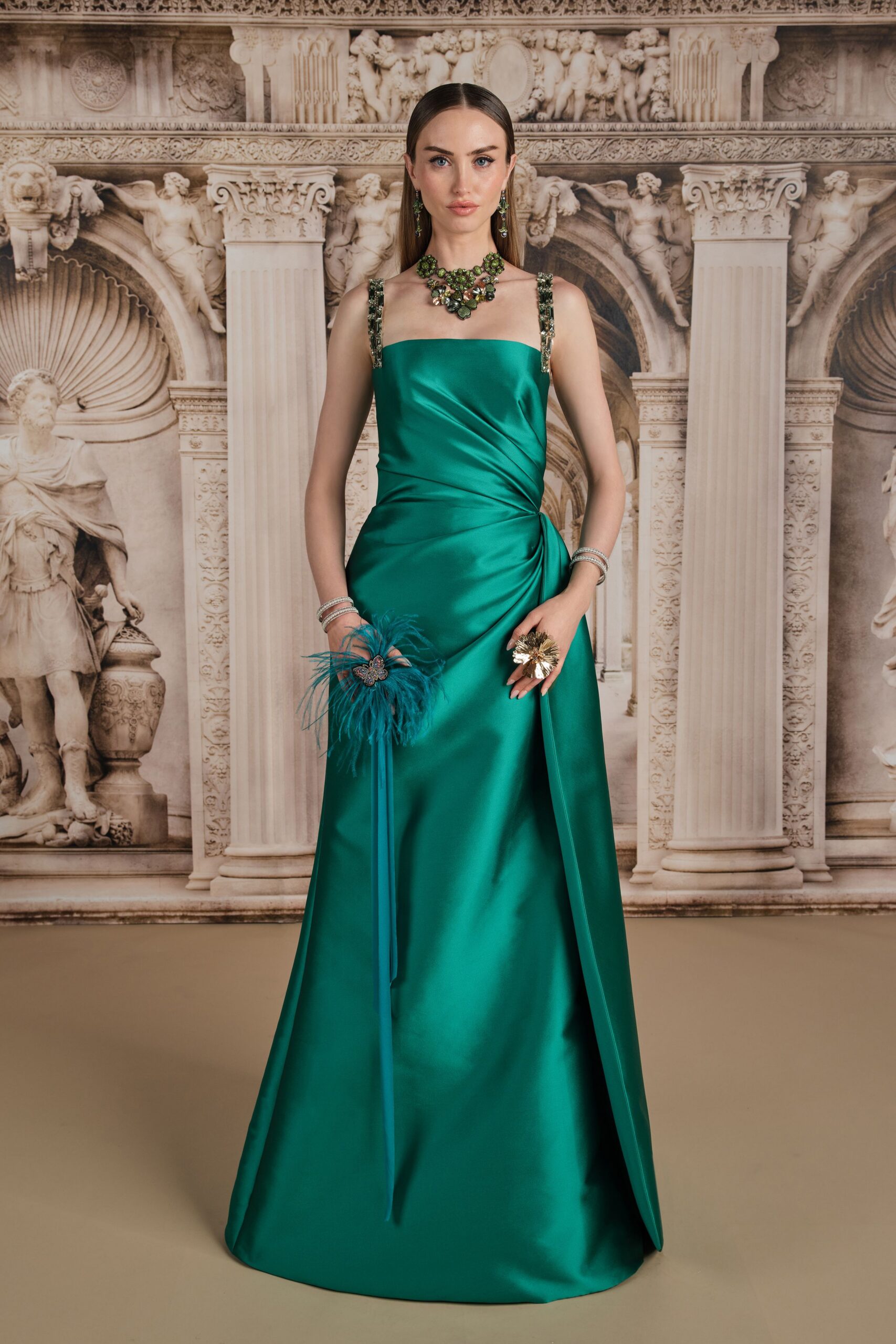 teal satin sleeveless square-neck fitted draped shiny gown
