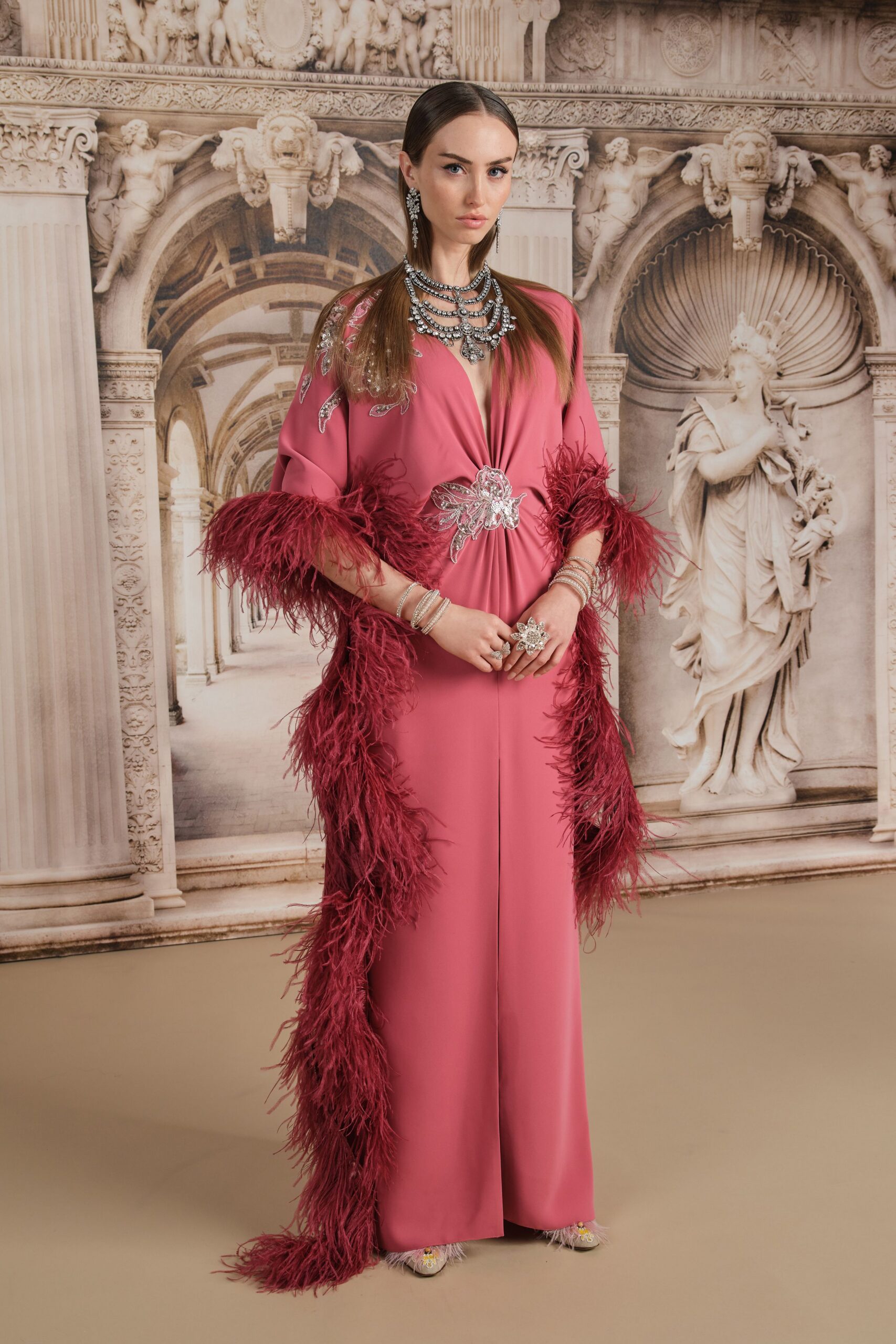 pink silk sleeveless v-neck fitted fringed embroidered jumpsuit