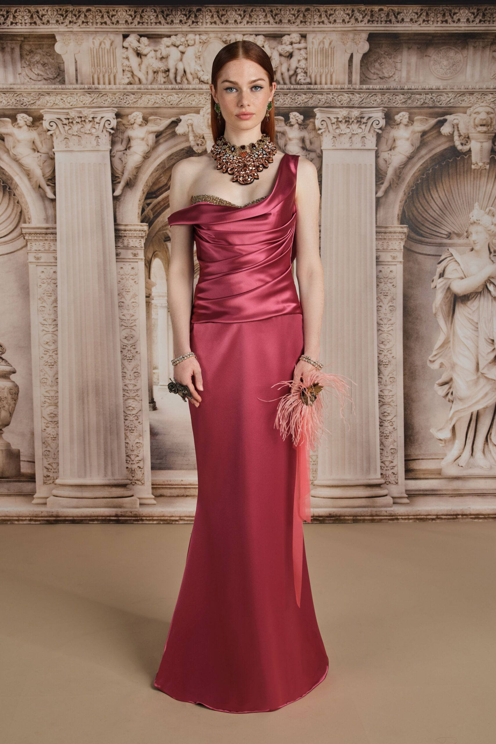 pink satin sleeveless off-shoulder fitted ruched shiny gown