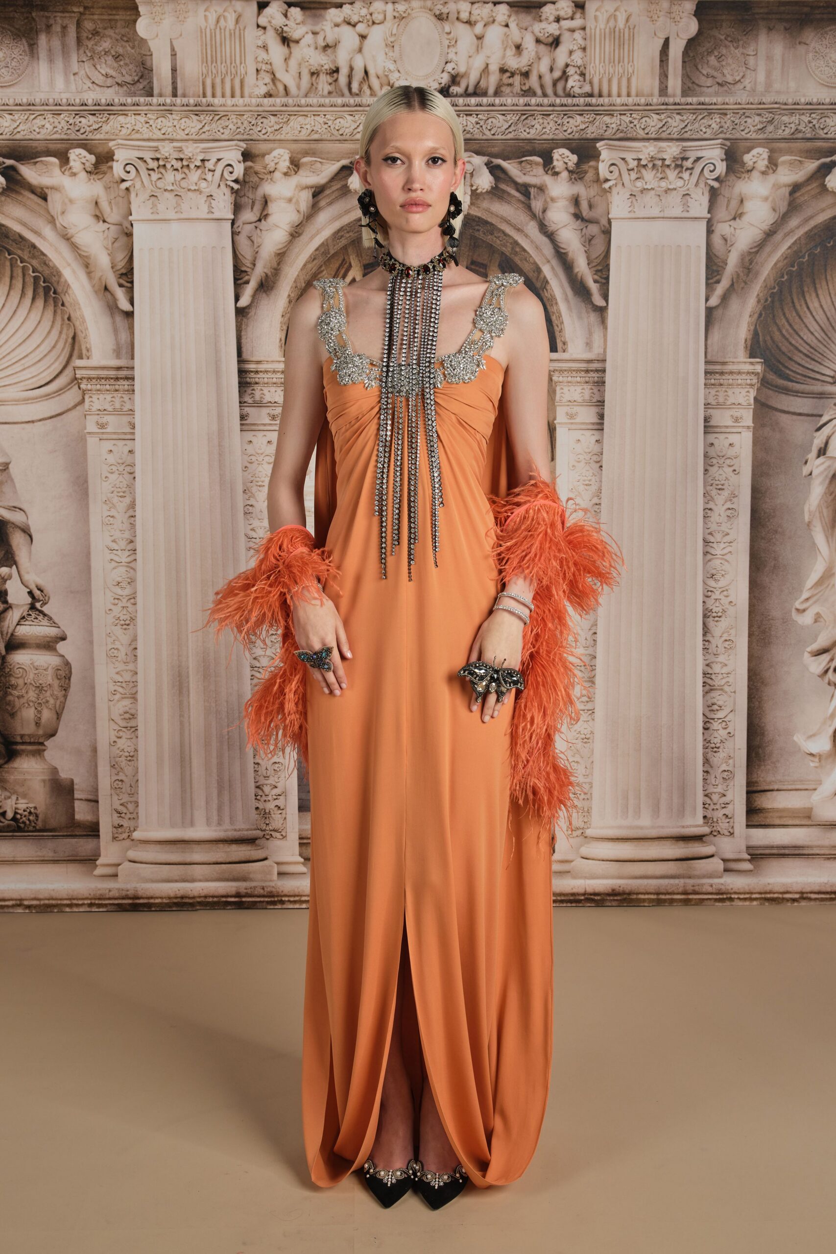 orange silk sleeveless v-neck fitted ruched embellished gown