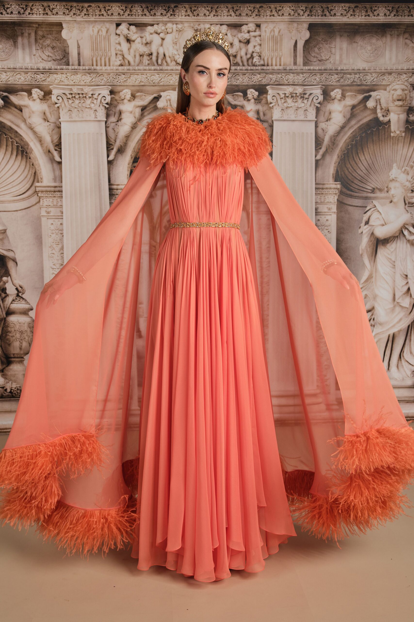 coral chiffon long-sleeve gown