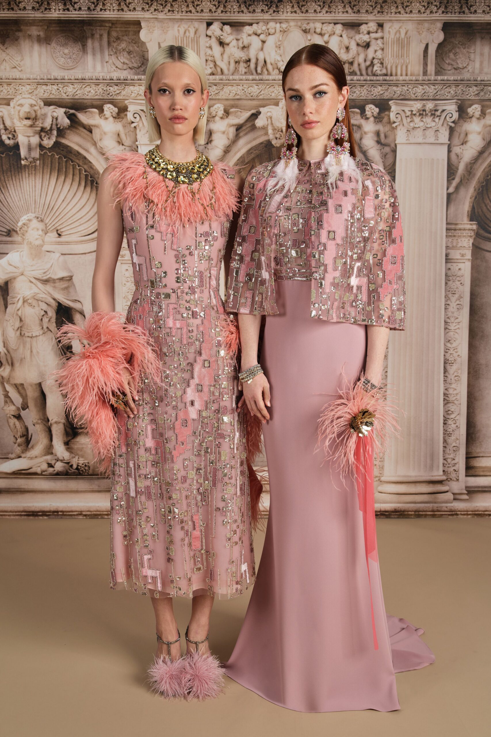 pink silk sleeveless v-neck fitted embellished tiered gown