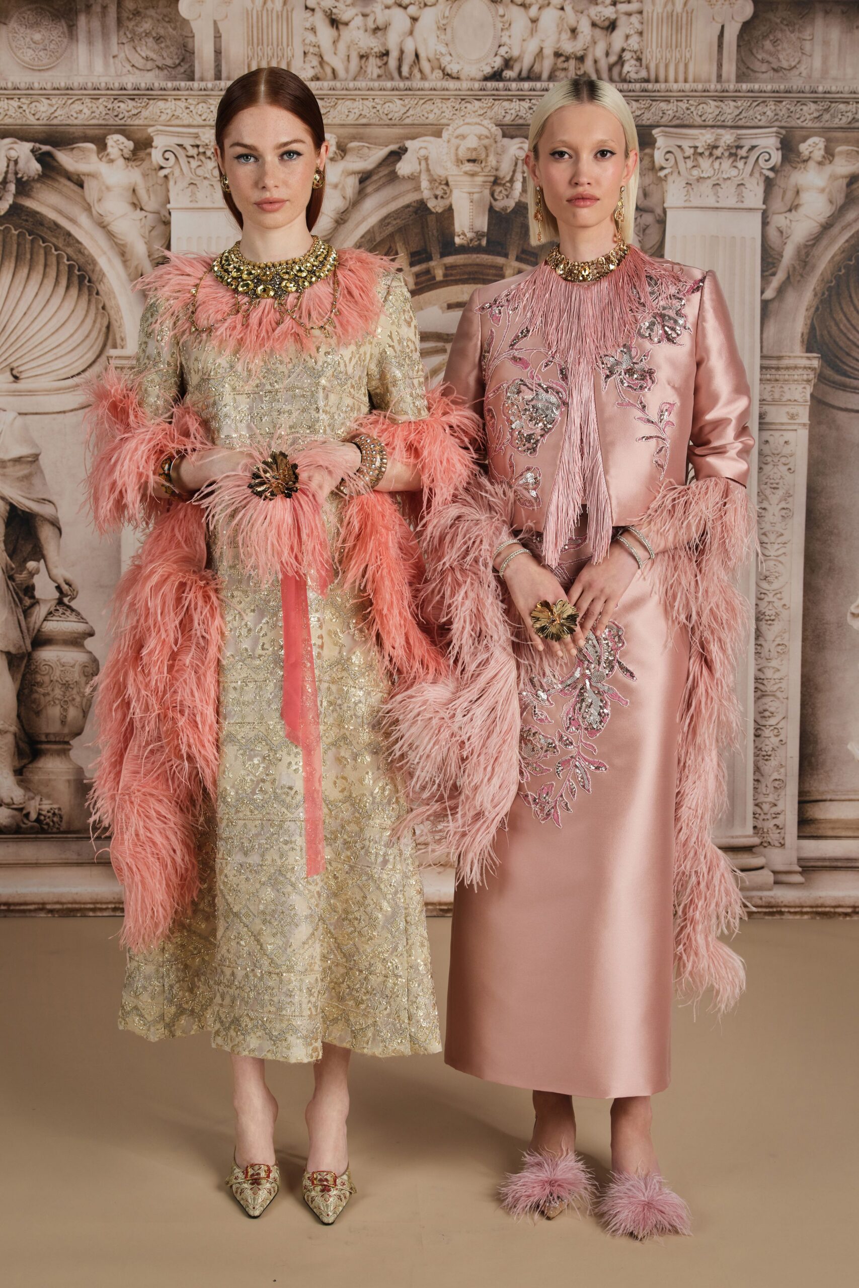 gold silk long-sleeve v-neck fitted embroidered tiered dress
