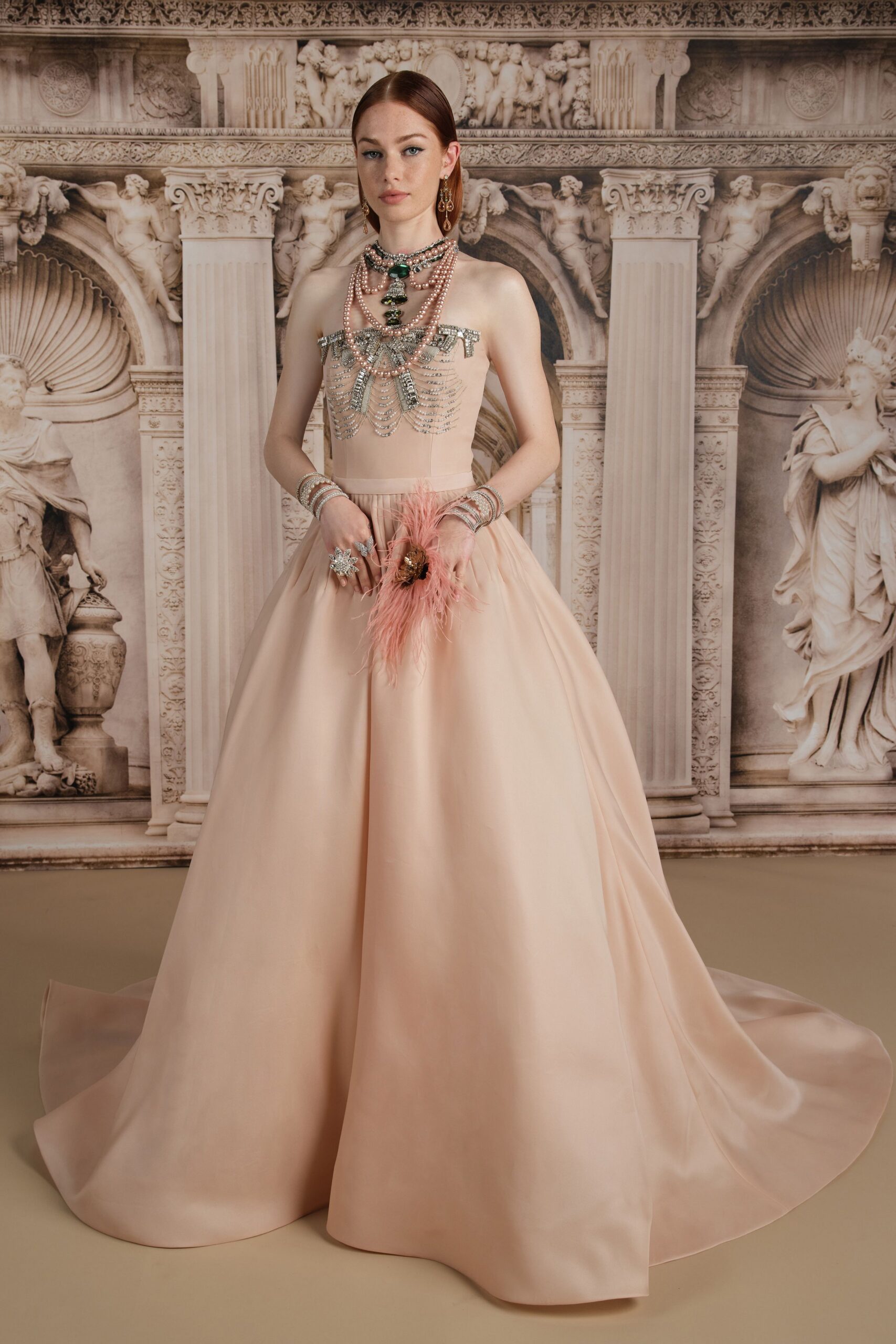 coral silk sleeveless high-neck fitted pleated tiered gown