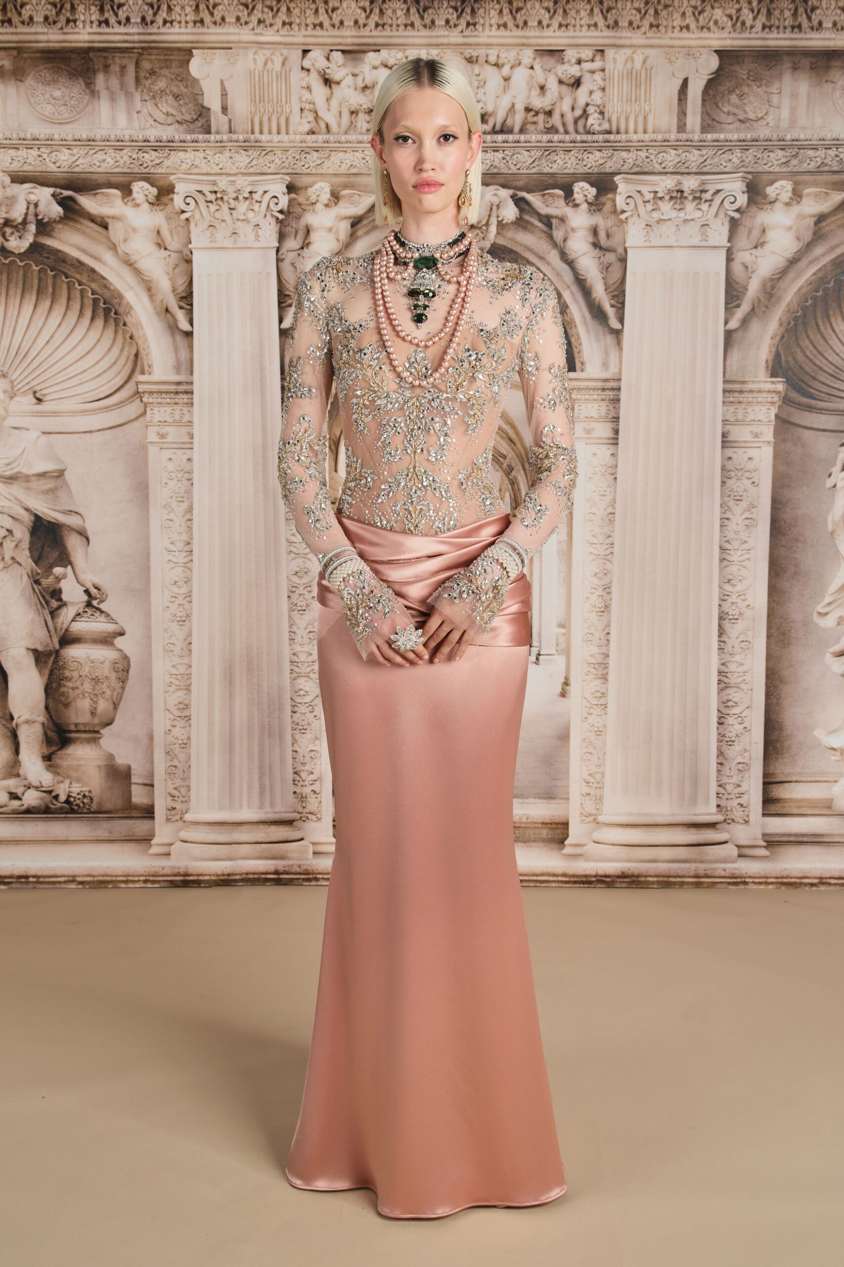 pink satin long-sleeve v-neck fitted embroidered maxi gown