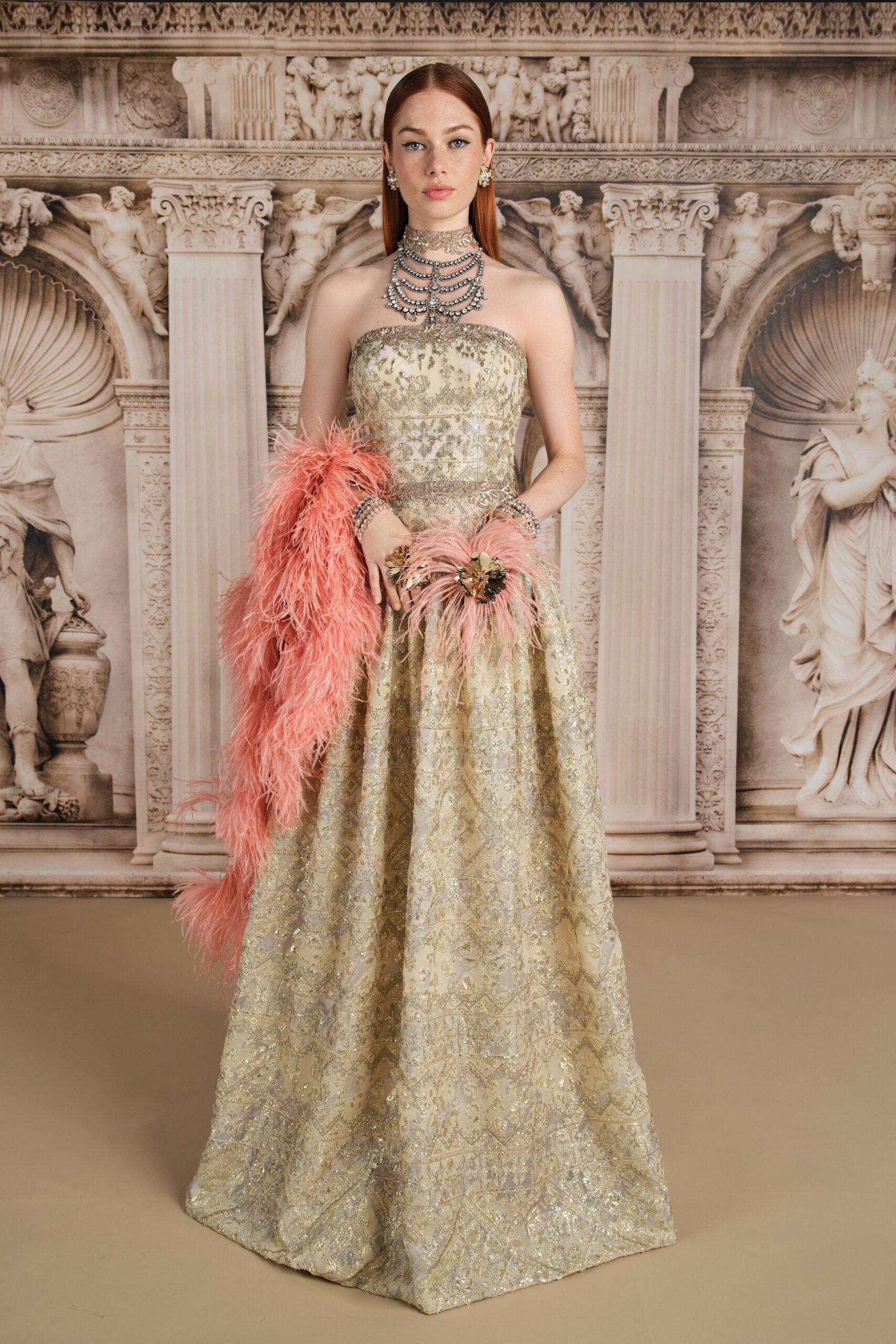 gold embroidered strapless gown