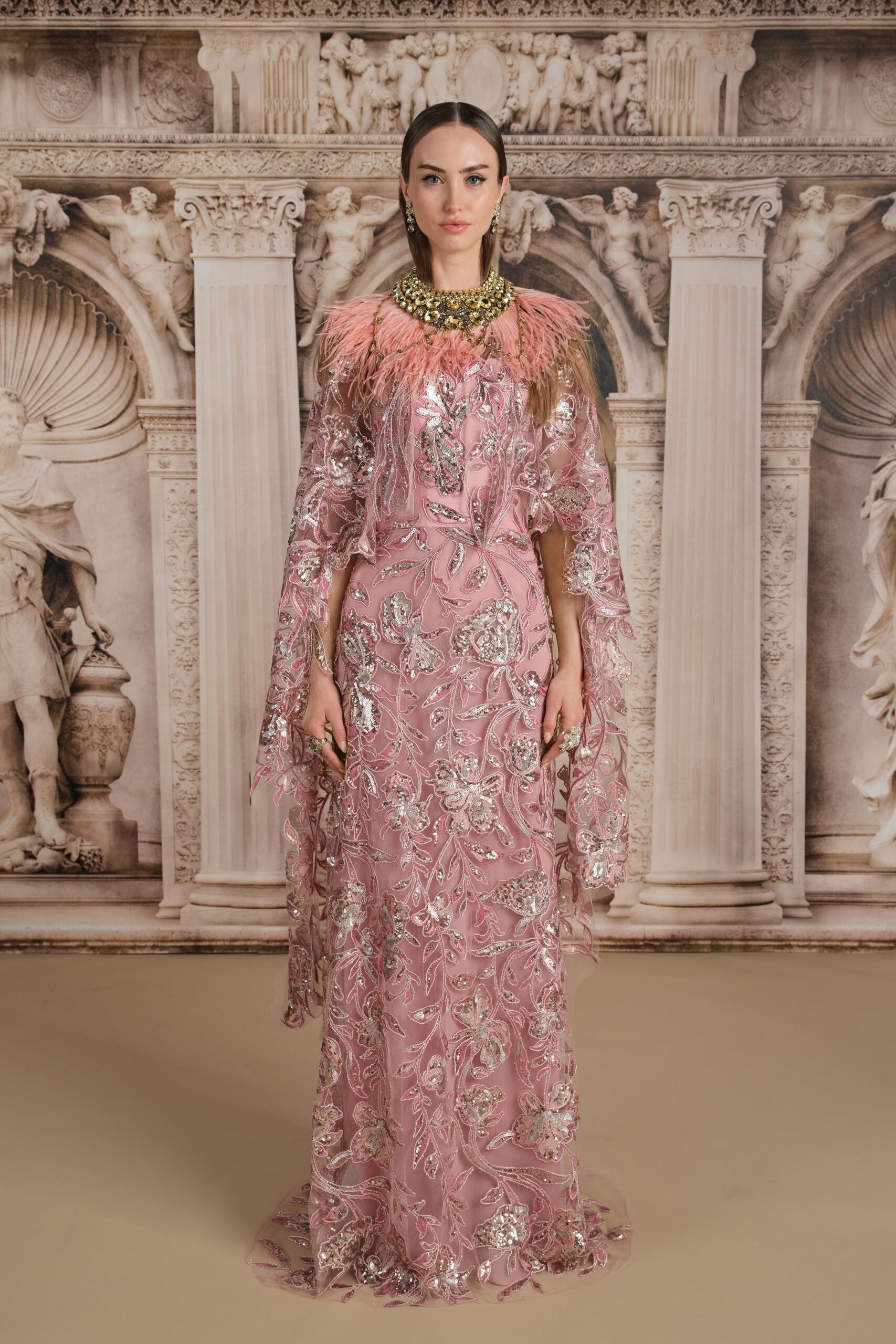 pink silk long-sleeve high-neck fitted embroidered layered gown