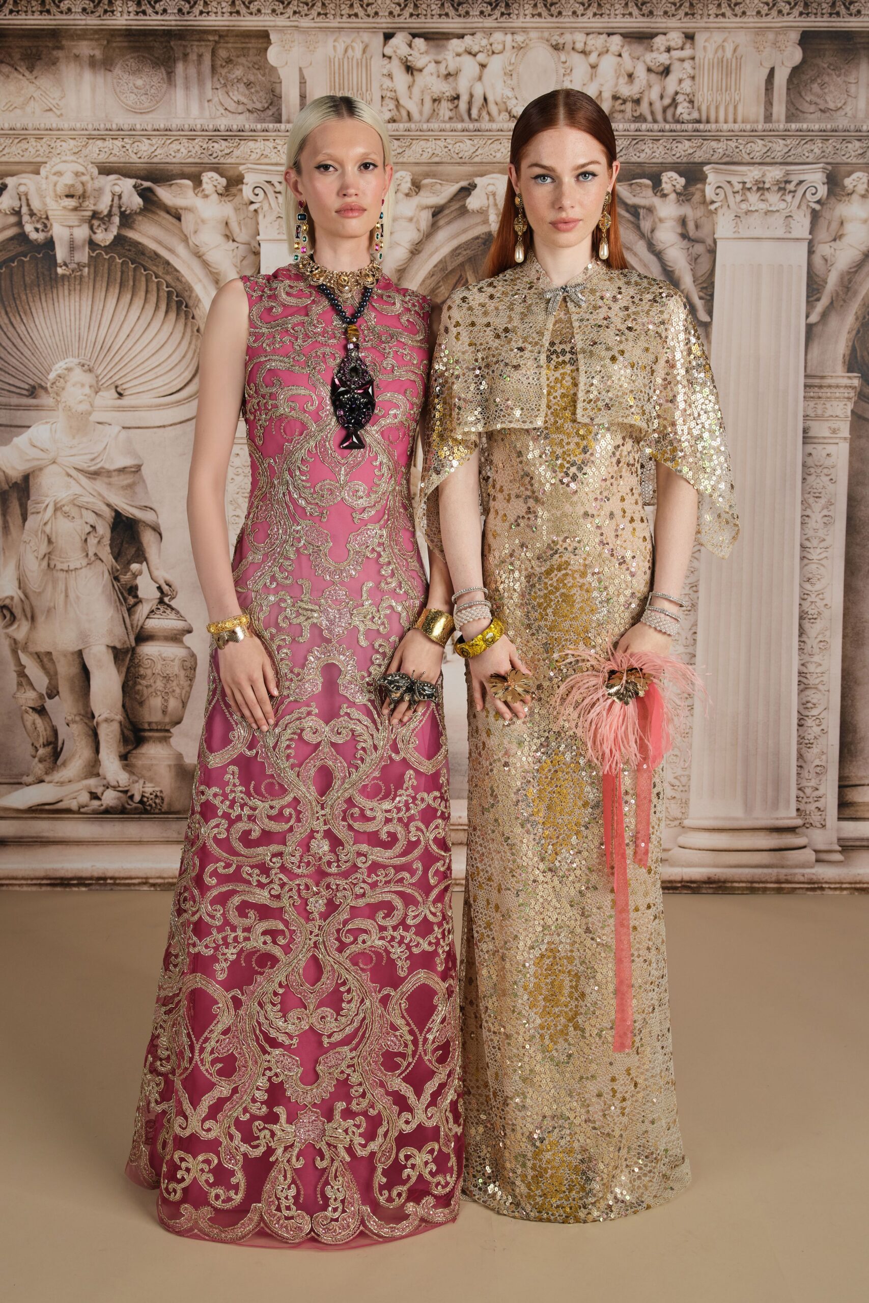gold silk short-sleeve high-neck fitted sequined straight-leg gown