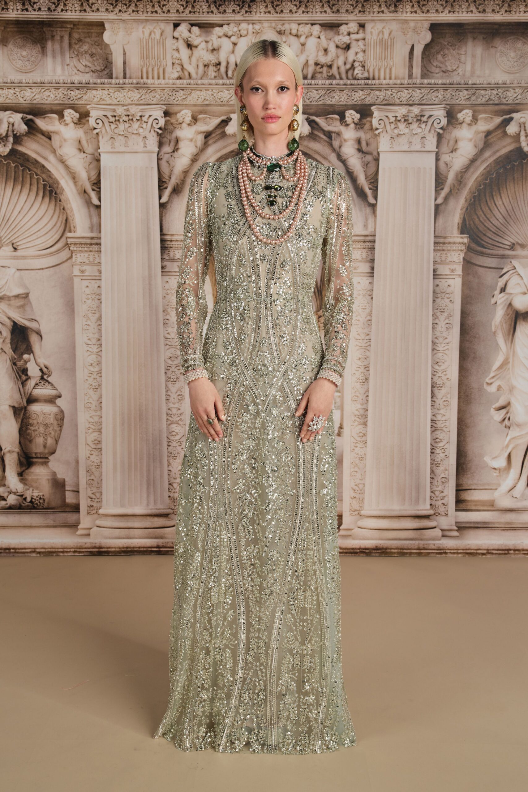 fitted green beaded gown