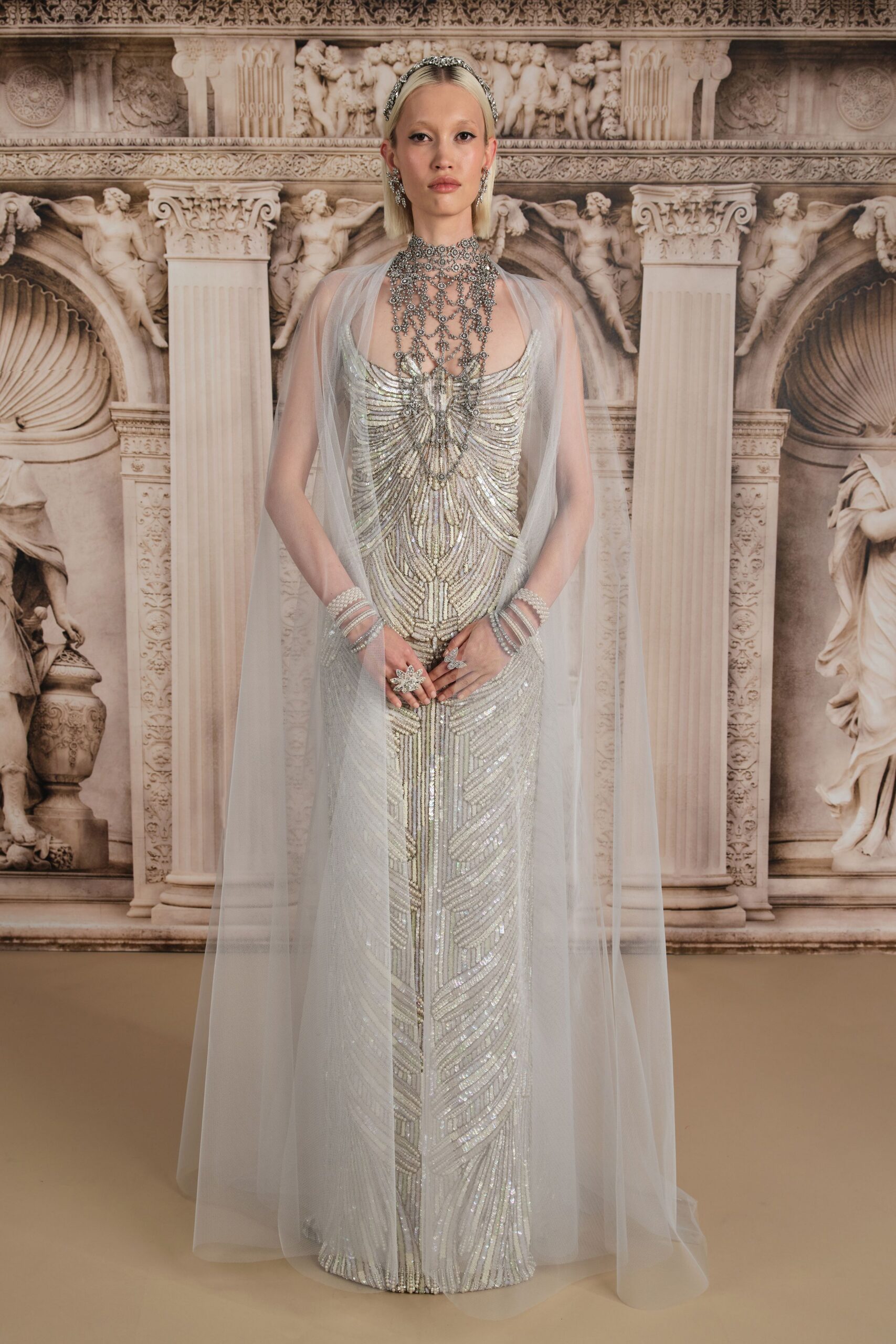 gray sequin sleeveless high-neck fitted embellished shiny gown