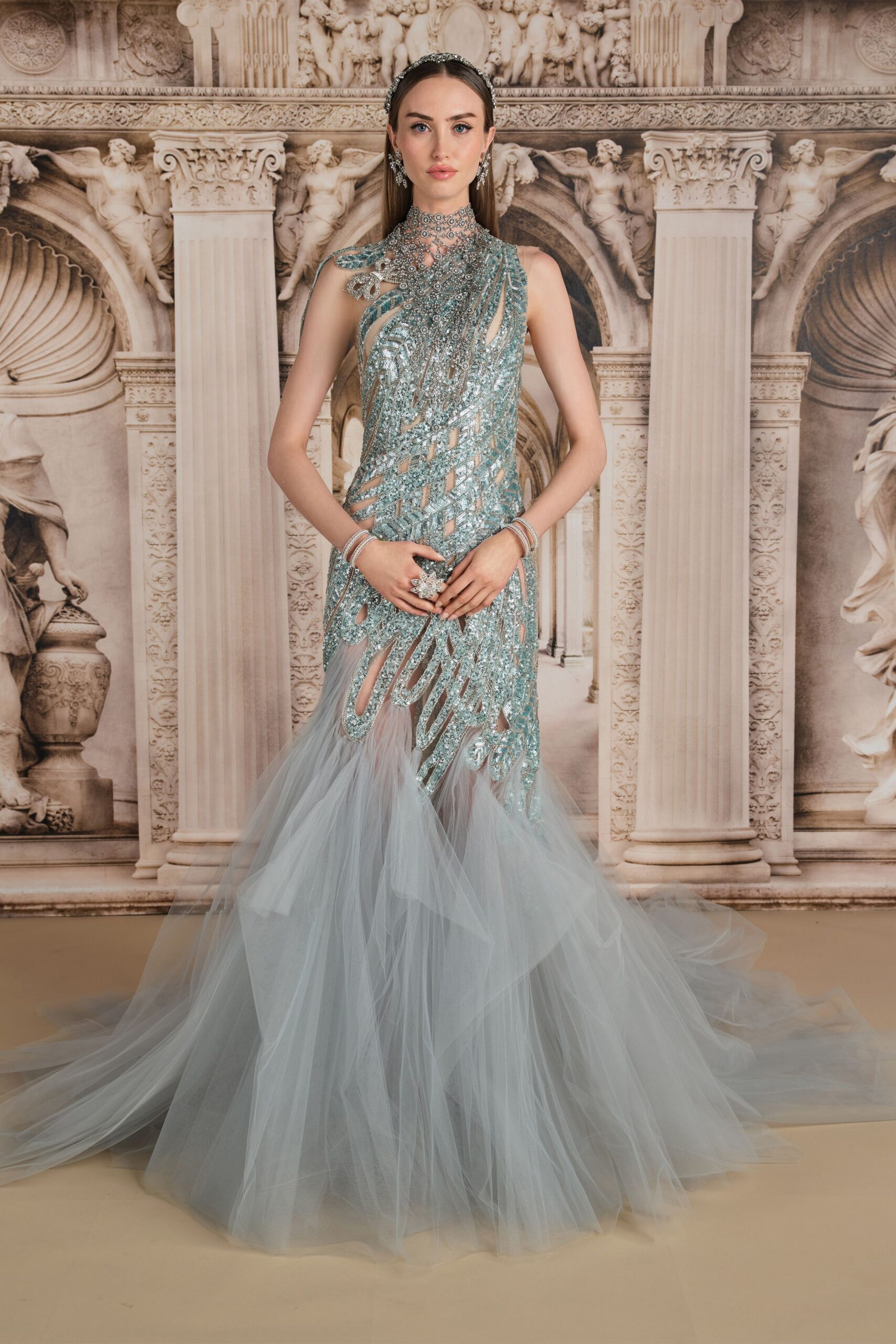 blue embellished sleeveless gown