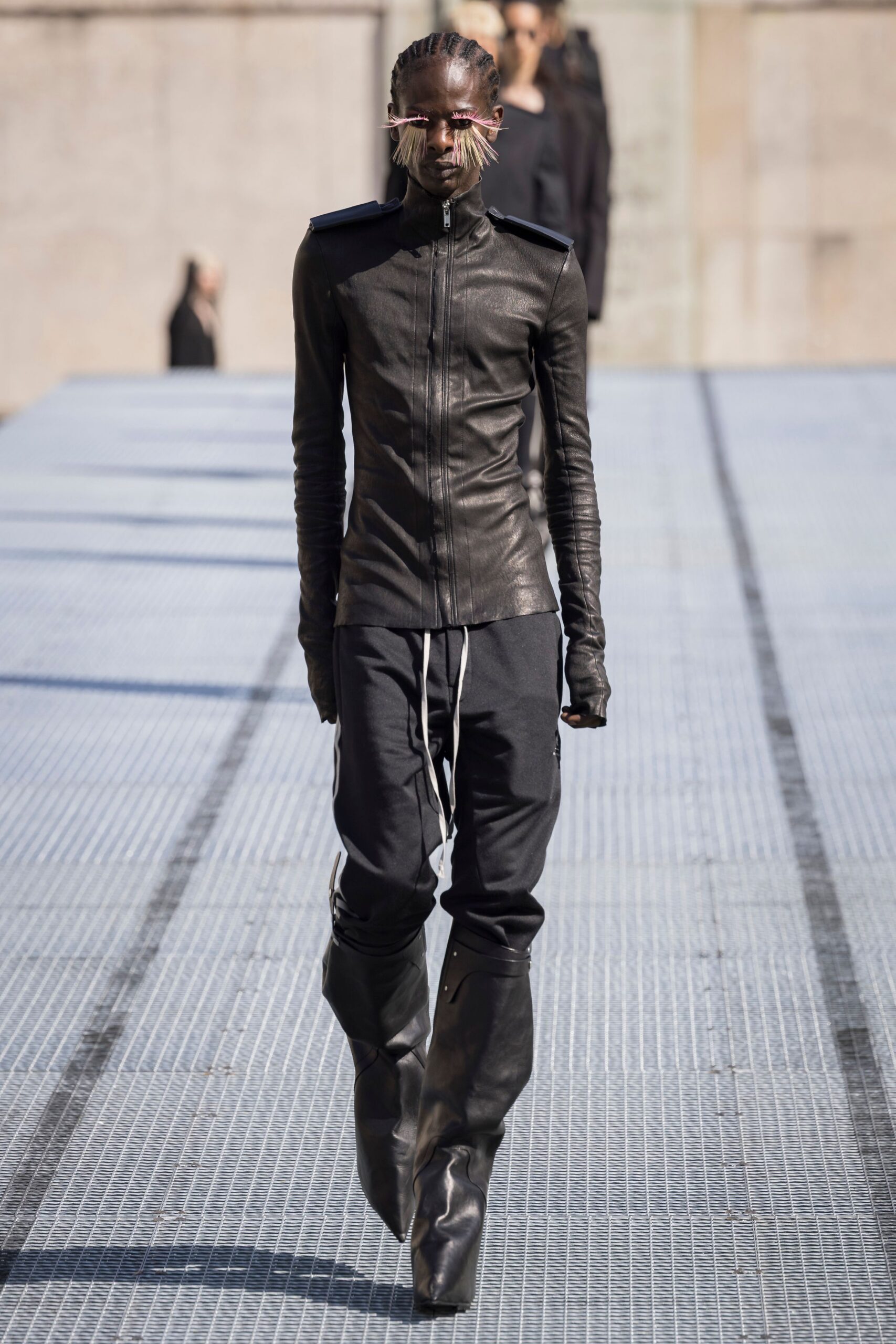black leather fitted jacket and pants