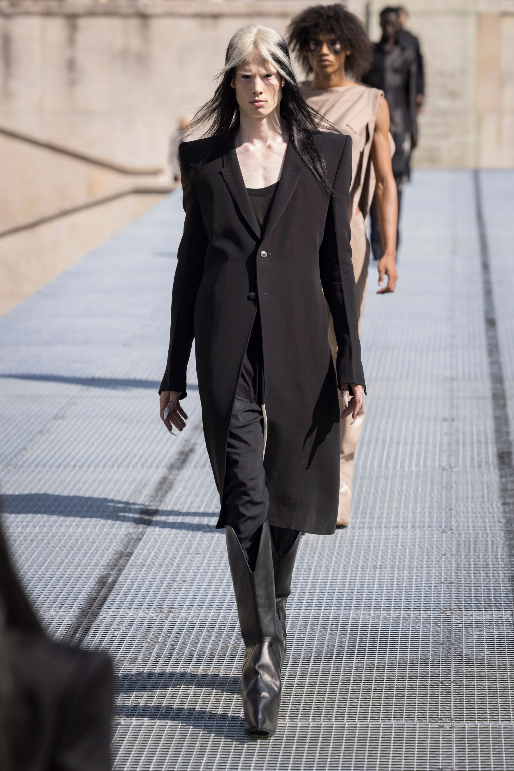 black structured coat with fitted pants
