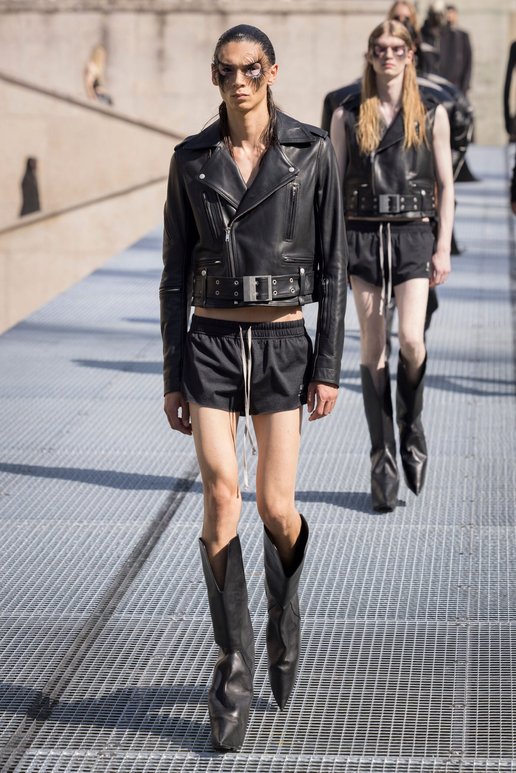 black leather jacket with shorts