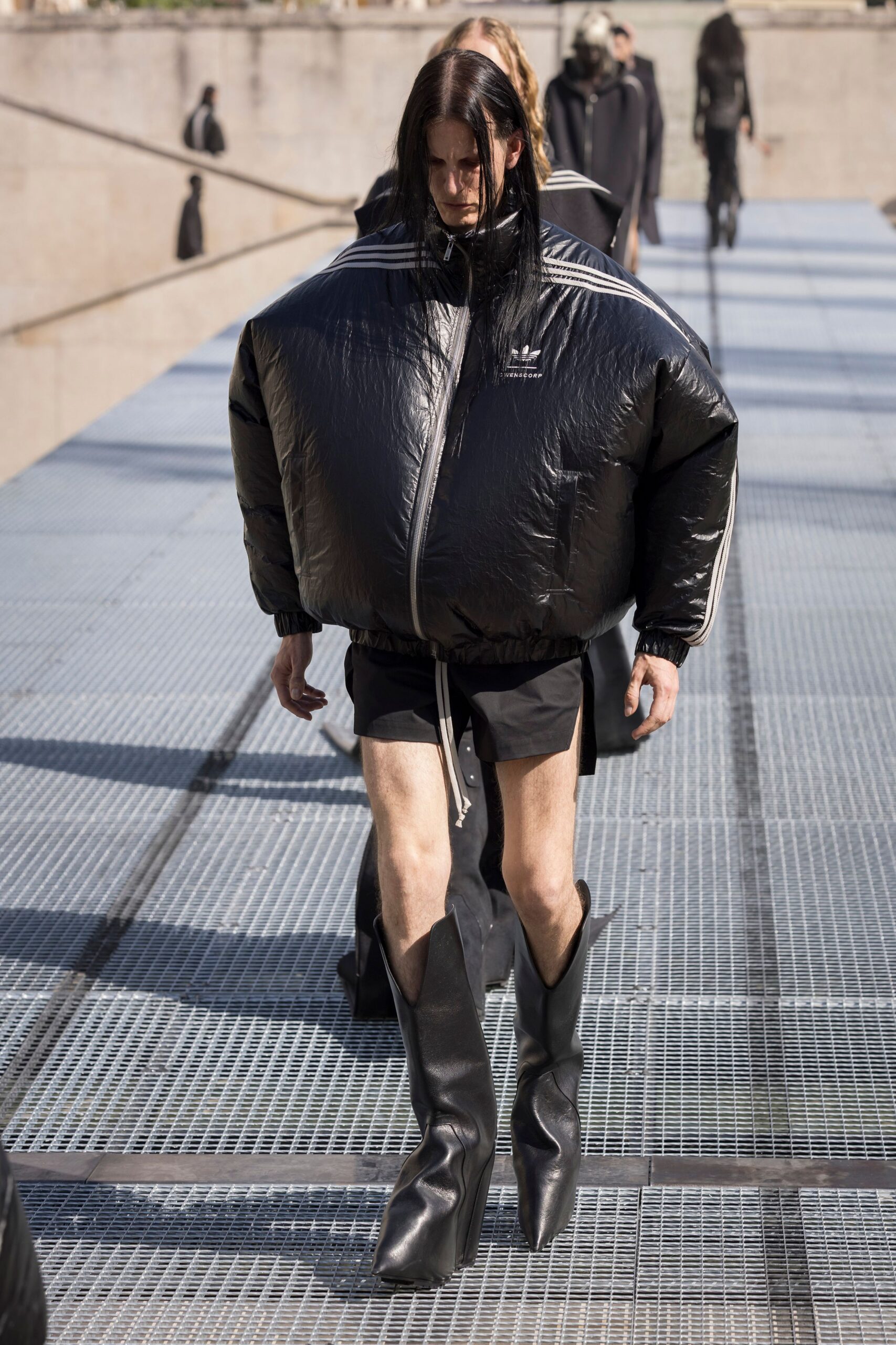 oversized black vinyl jacket with shorts