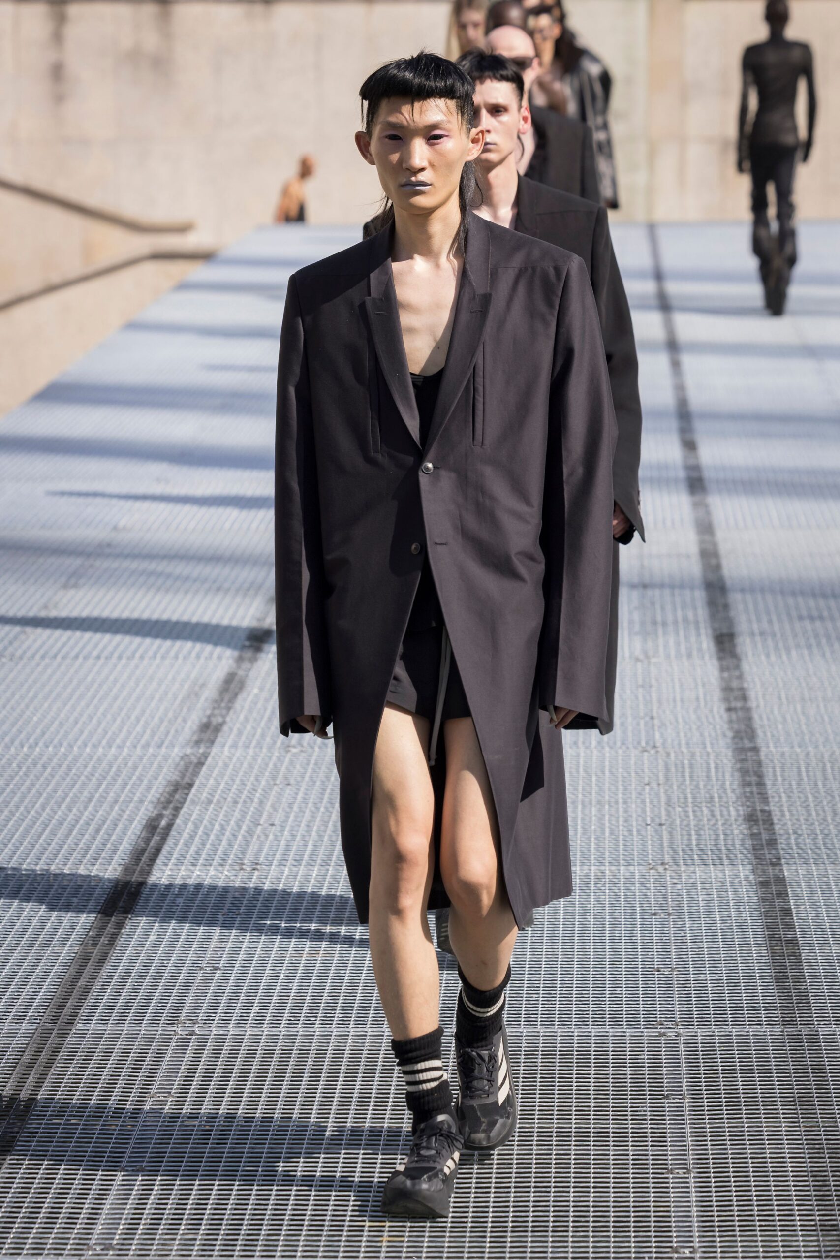 black oversized coat with shorts