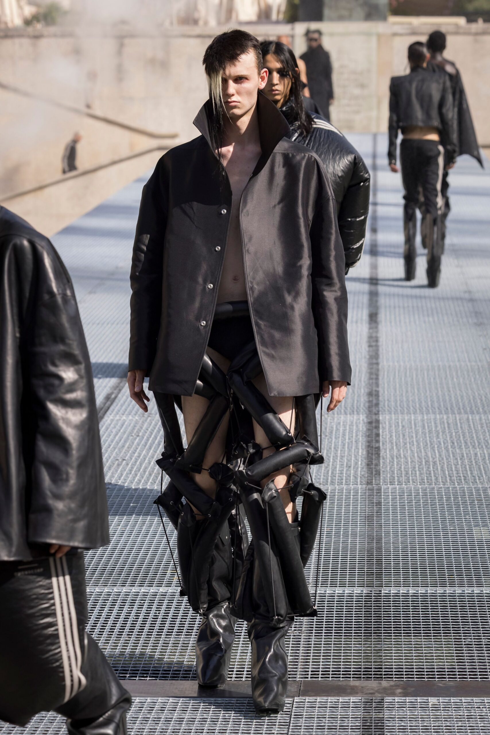 black oversized jacket with fitted pants