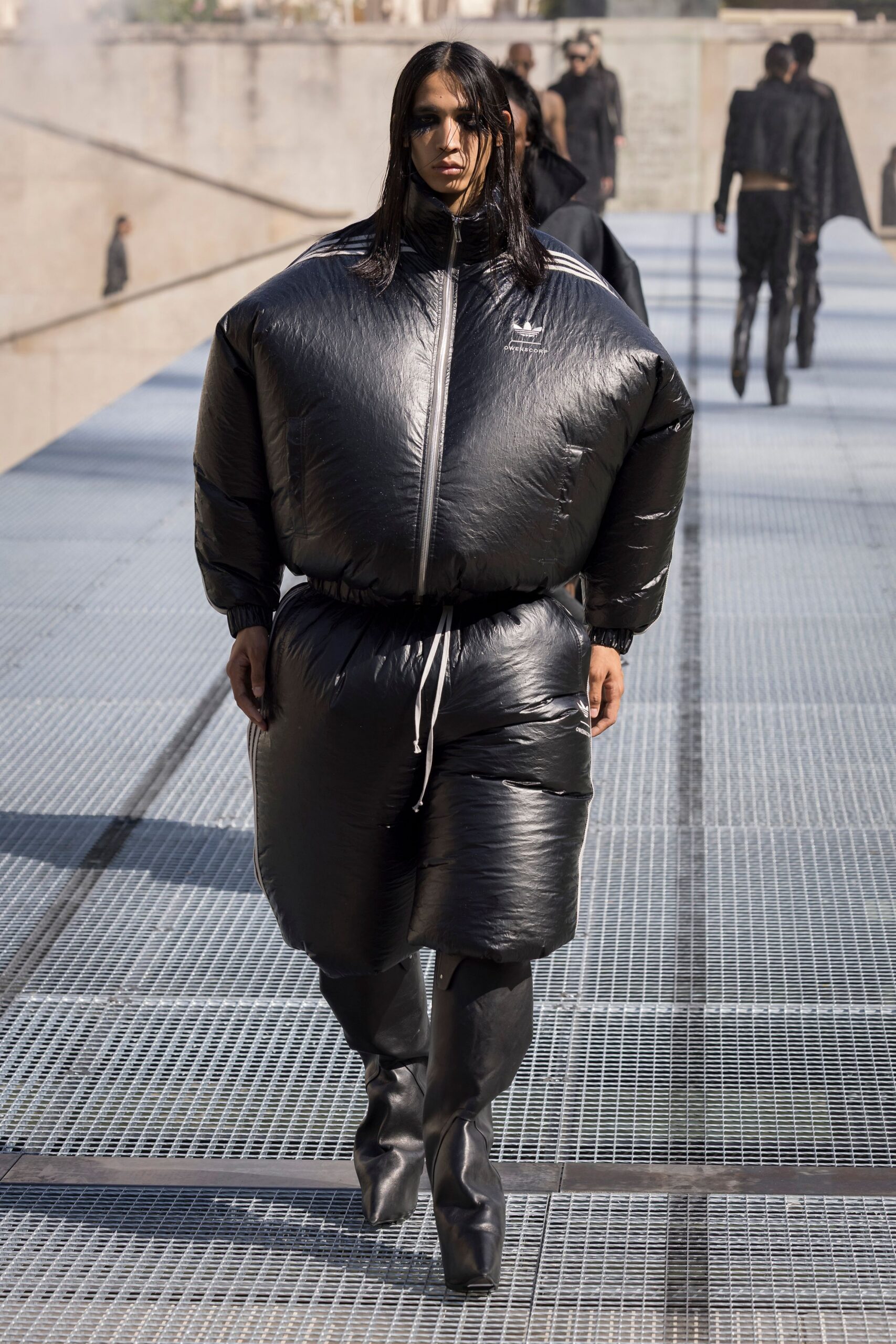 black oversized coat and skirt