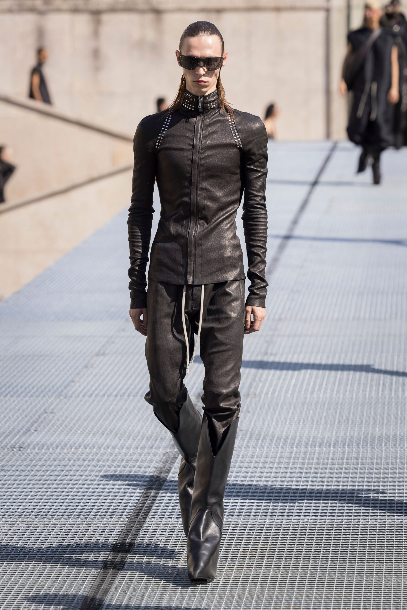 black leather fitted top and pants