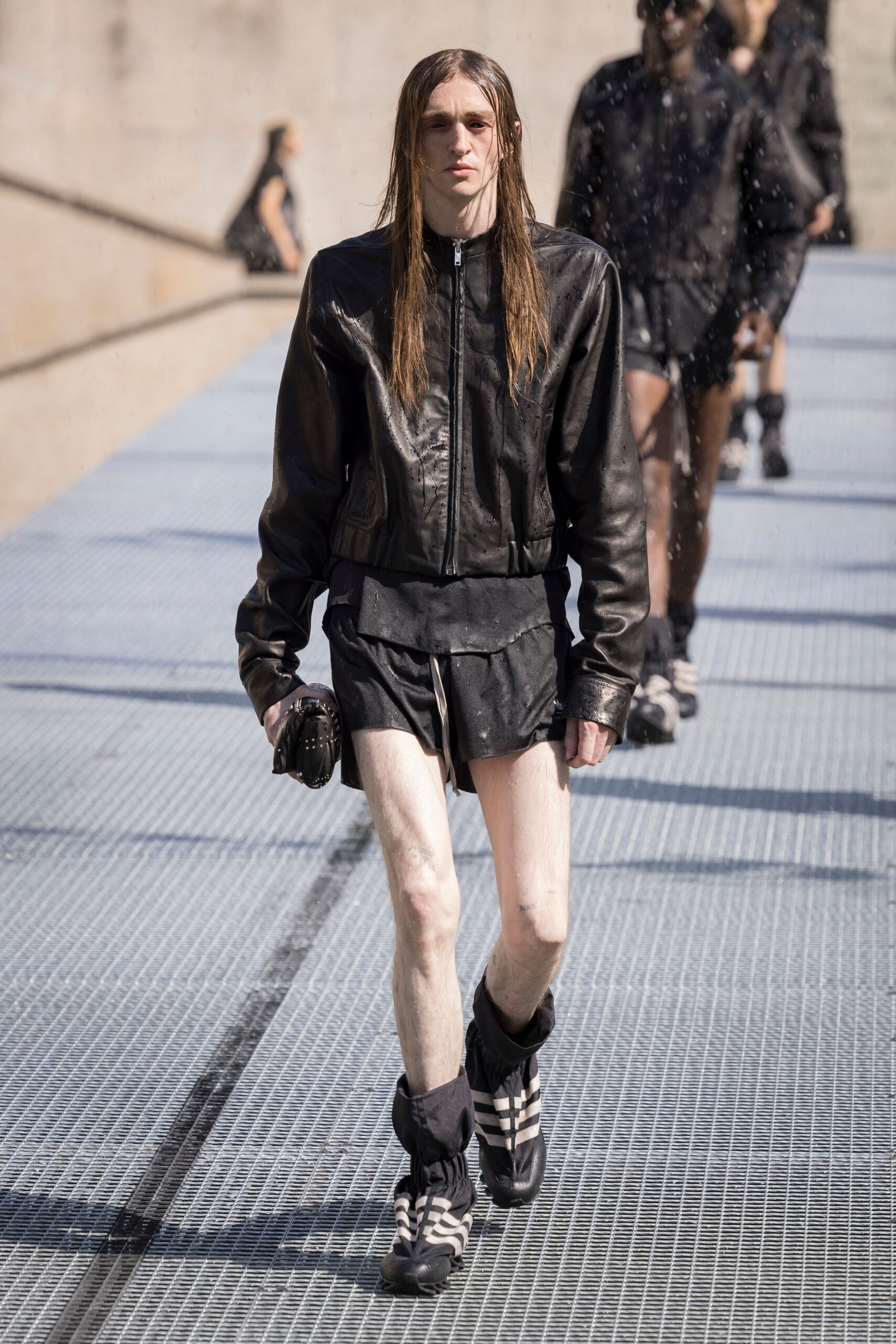 black leather jacket with shorts