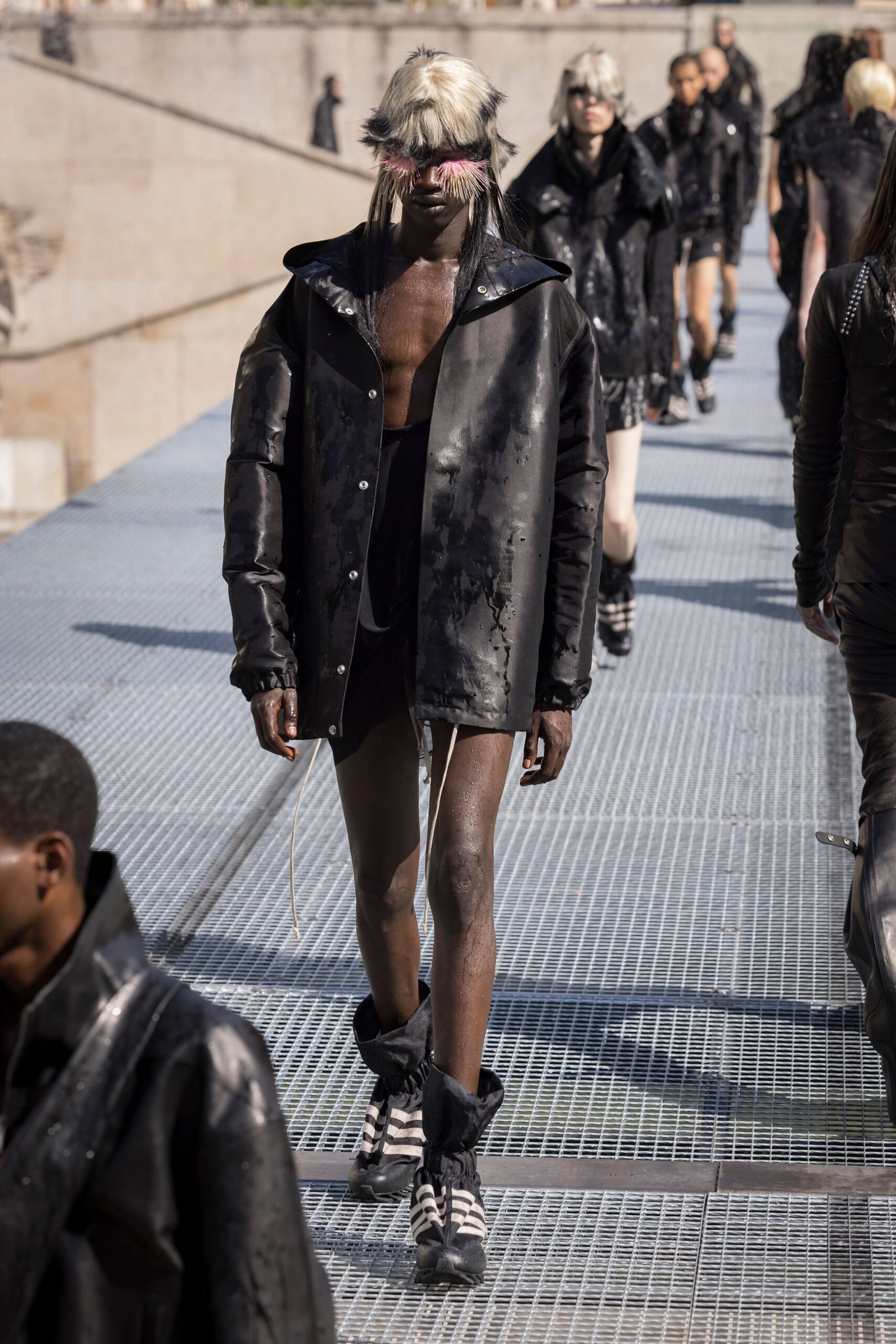 black leather oversized jacket and mini dress