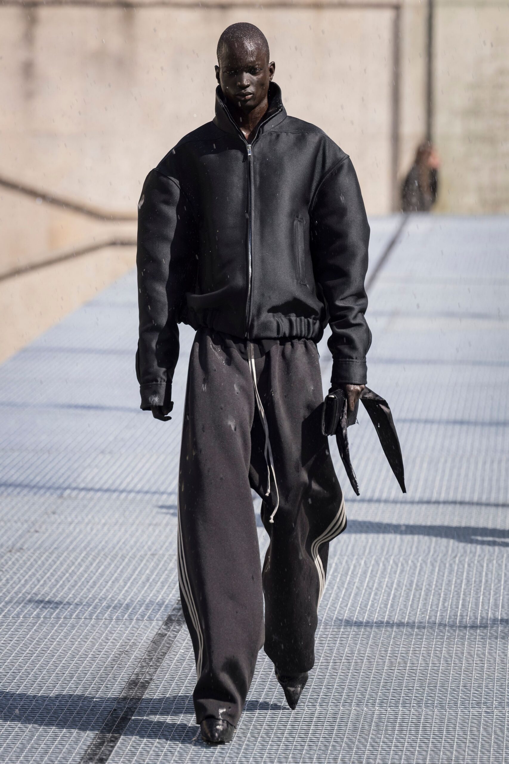 black oversized jacket and relaxed pants