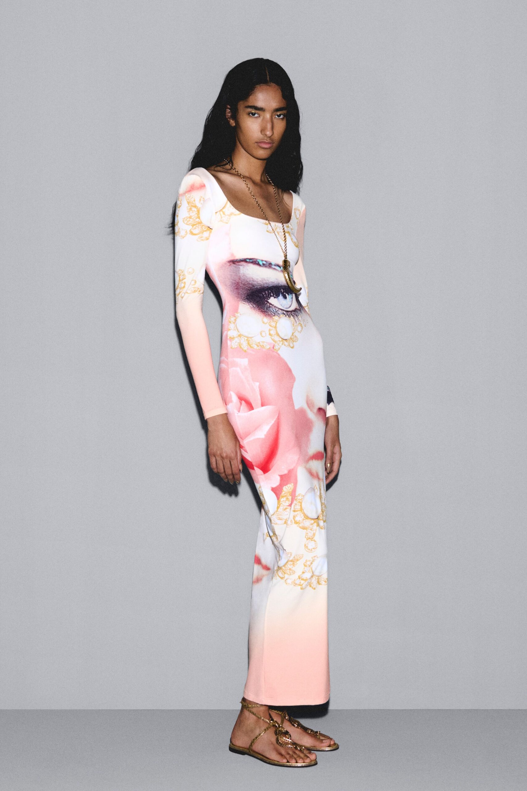 white jersey long-sleeve square-neck fitted printed maxi gown