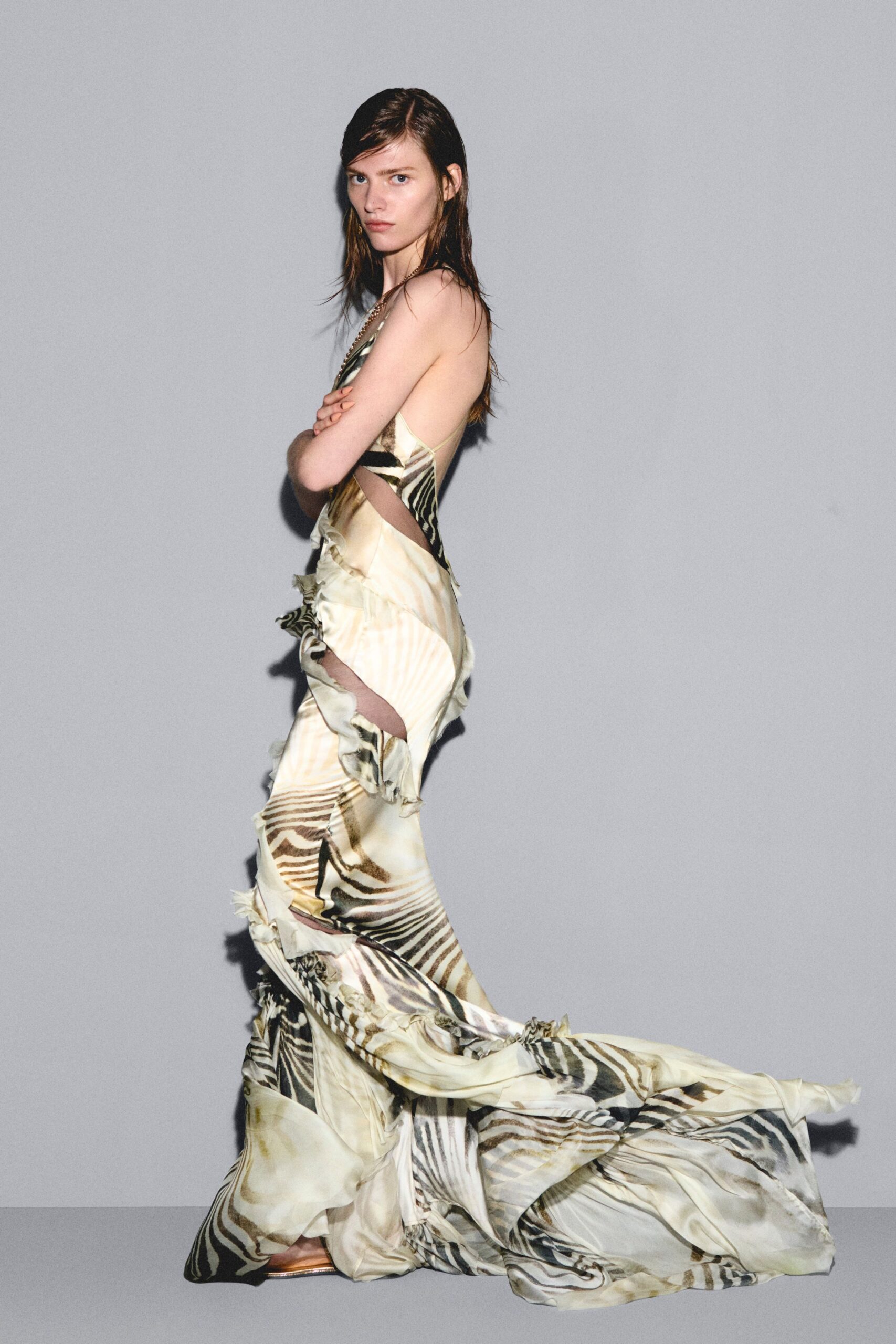 beige silk flowing gown