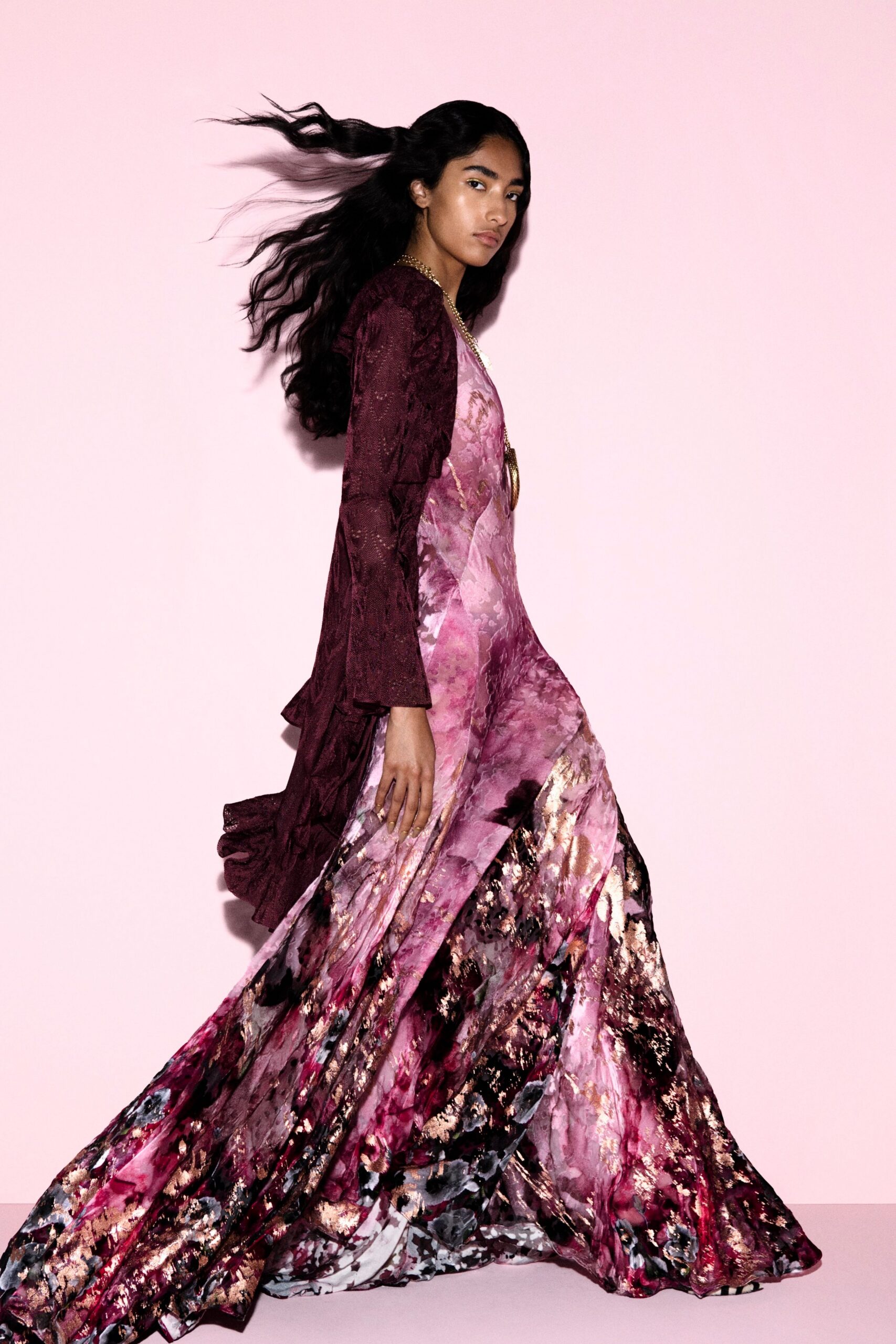 purple silk long-sleeve v-neck fitted flared printed gown