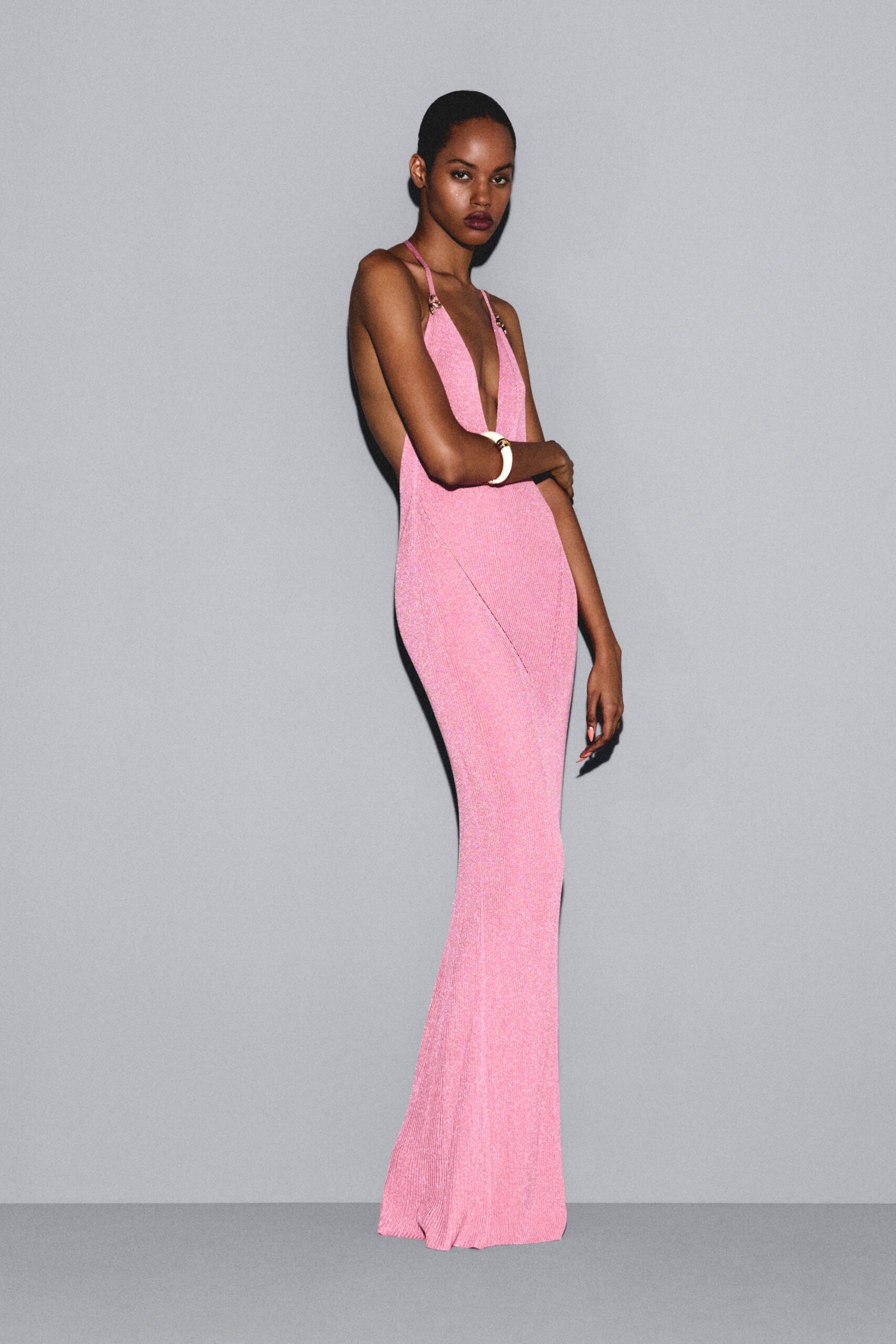 fitted pink sequined gown