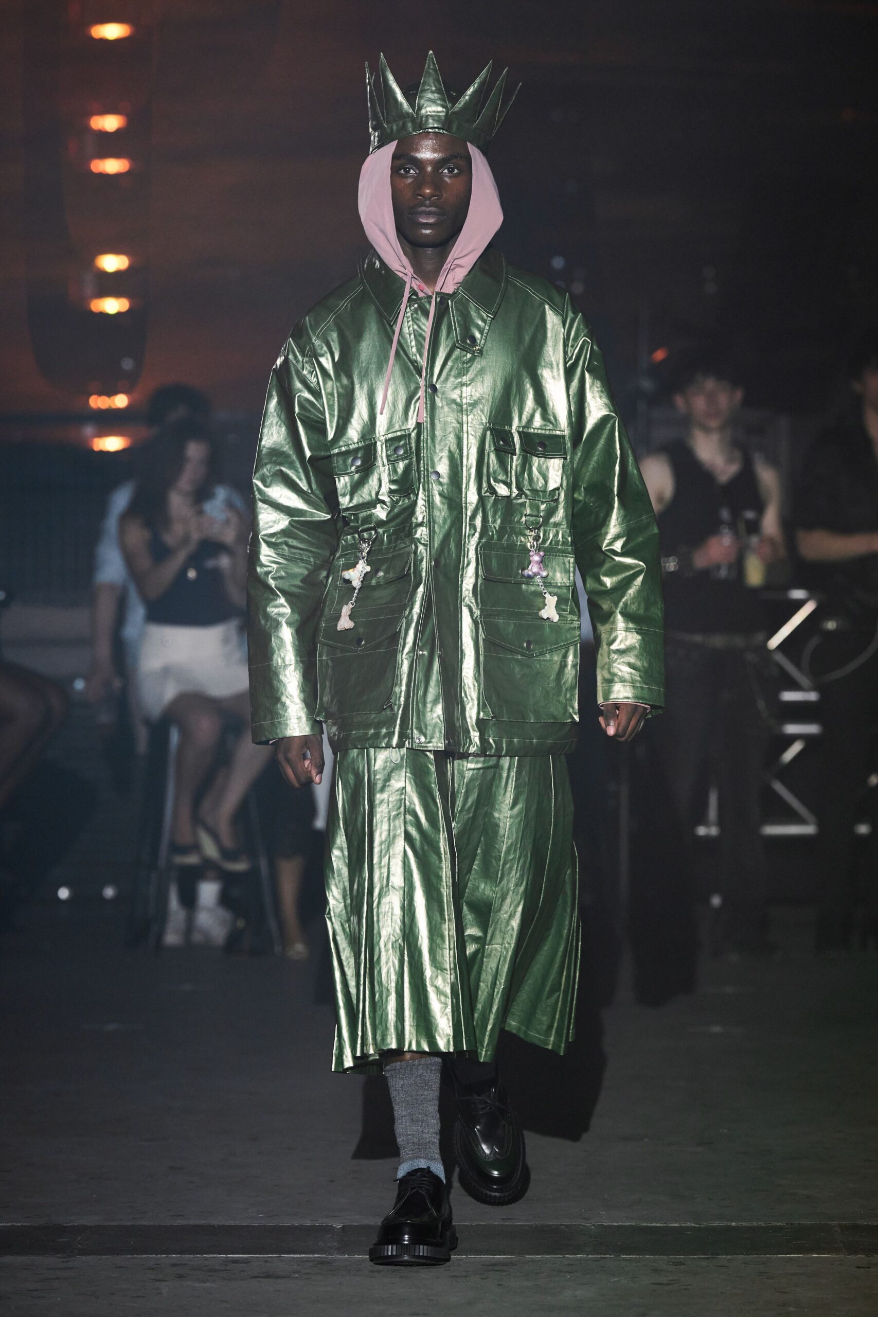 green vinyl relaxed shiny pants