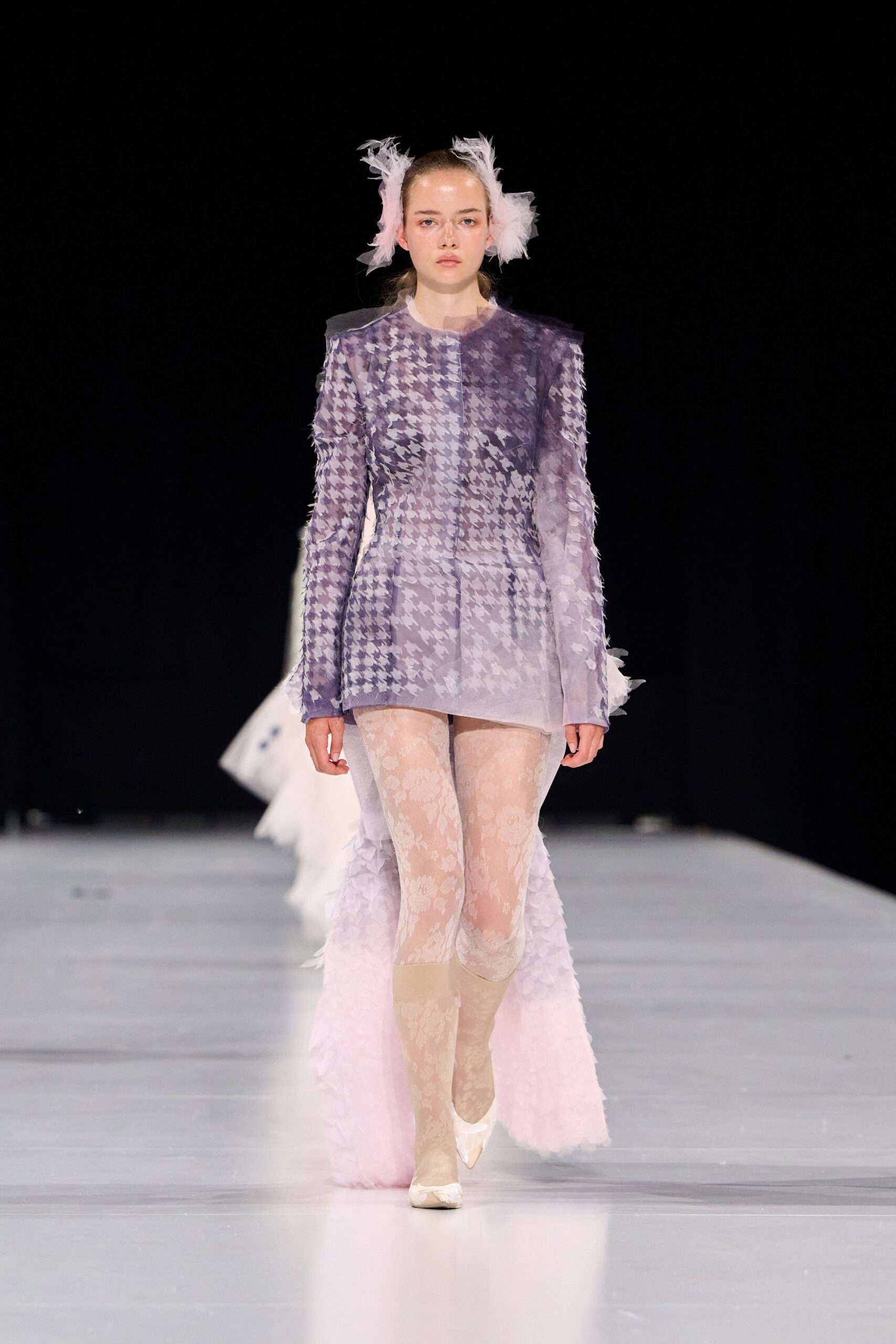 purple silk long-sleeve collared fitted layered pleated dress