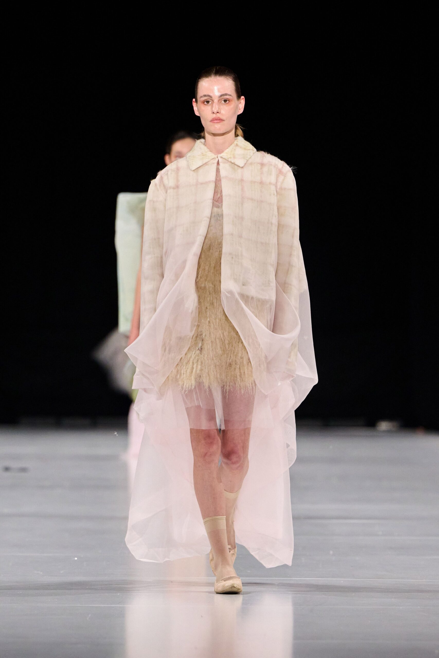 beige silk sleeveless collared fitted layered fringed dress