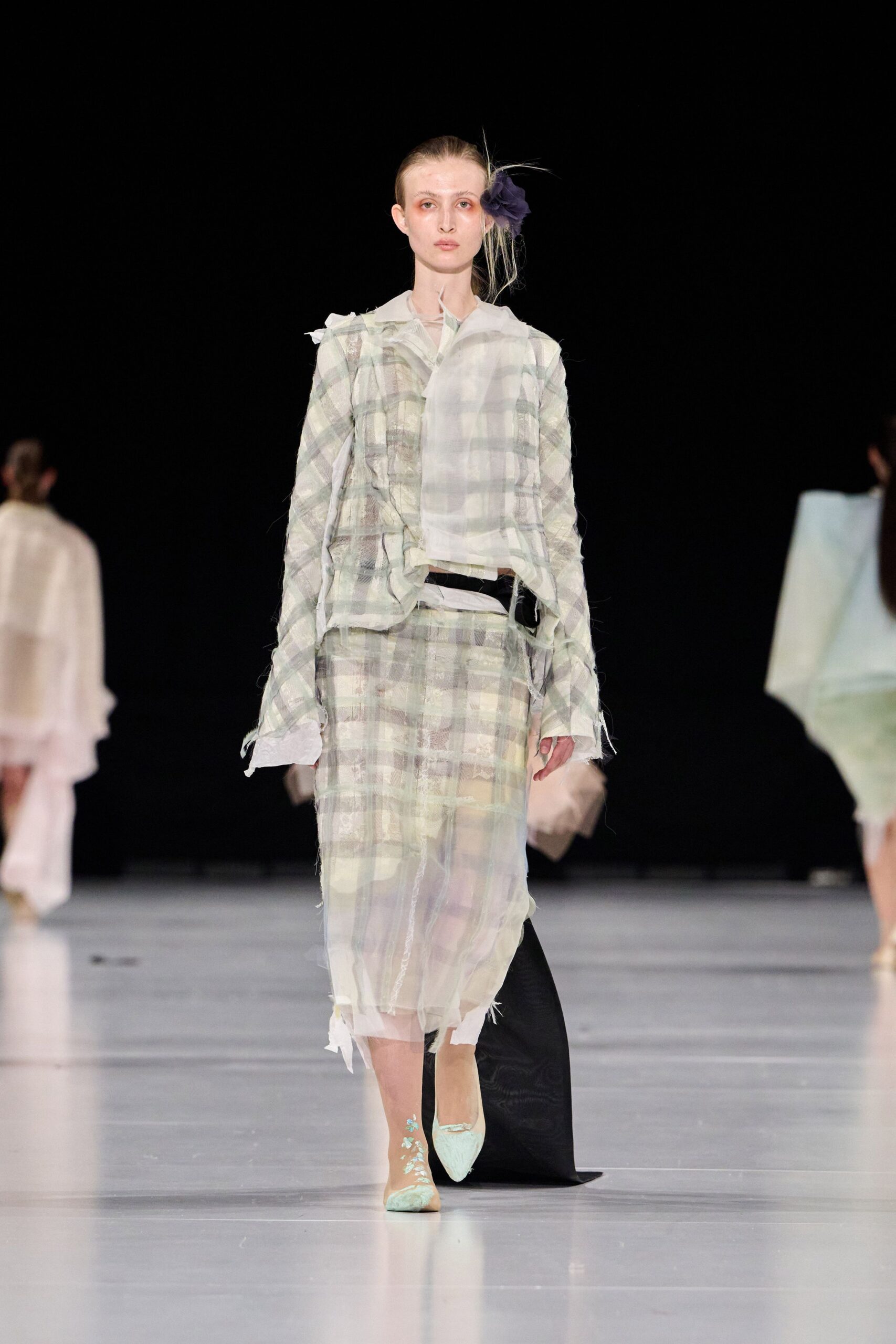 green cotton long-sleeve fitted layered fringed midi skirt
