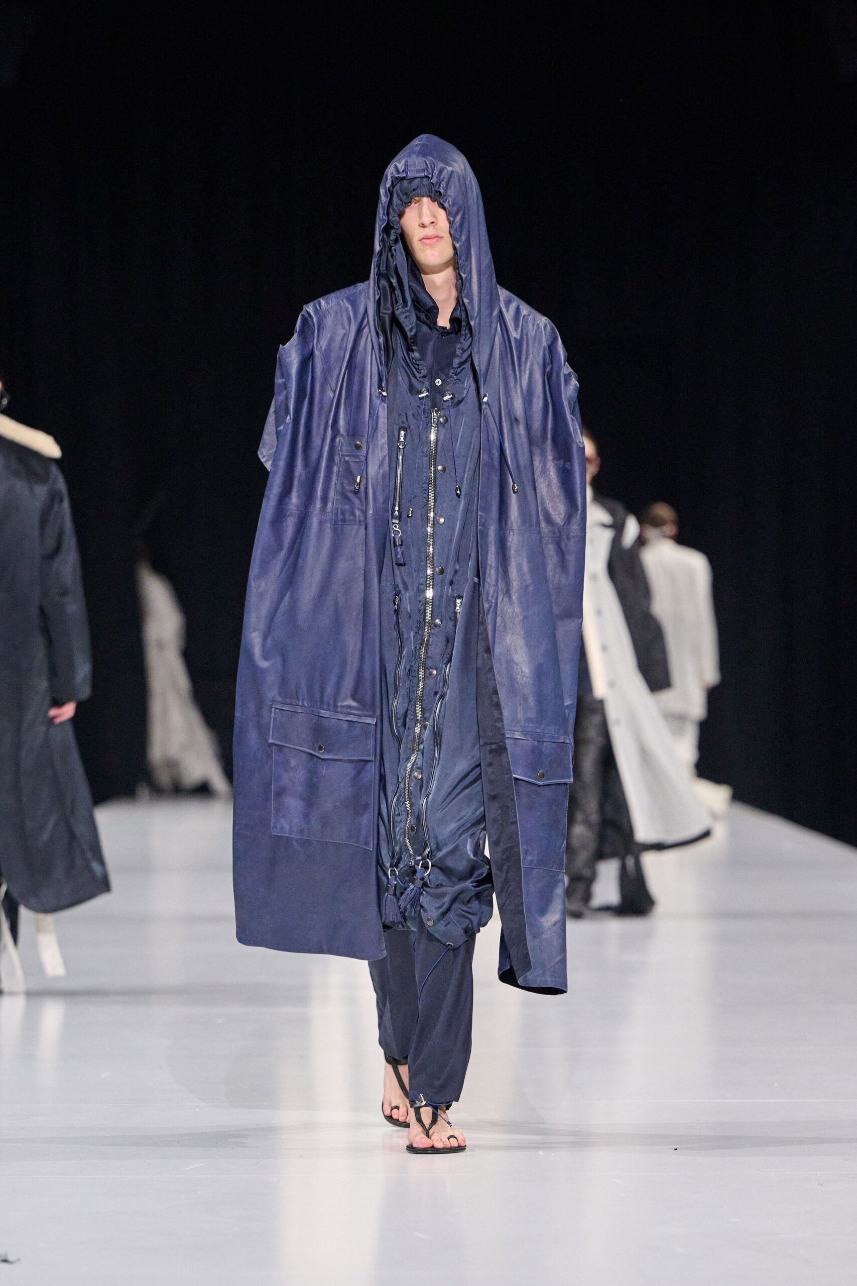 blue cotton long-sleeve fitted layered jumpsuit