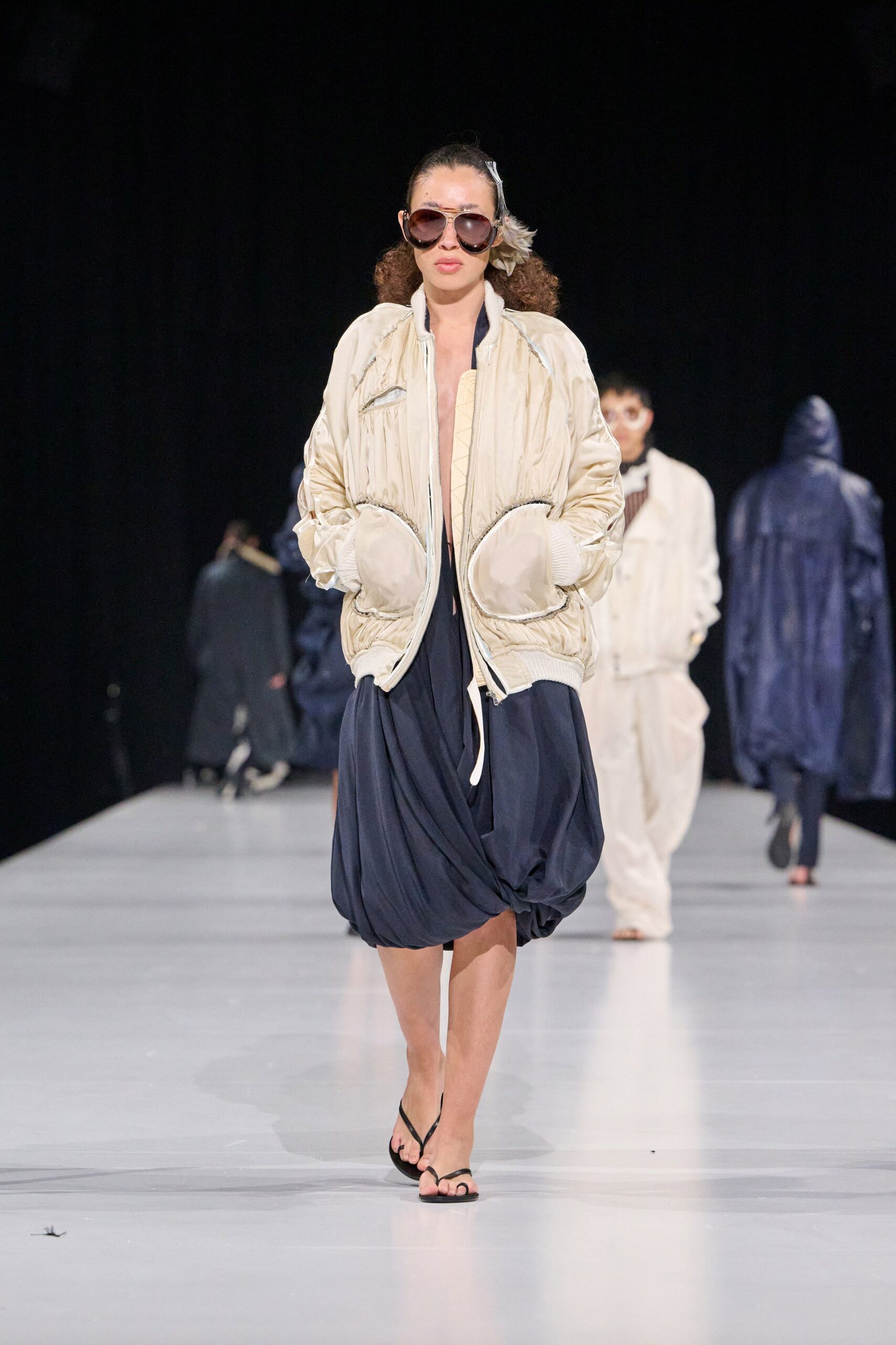 white silk long-sleeve collared relaxed padded jacket