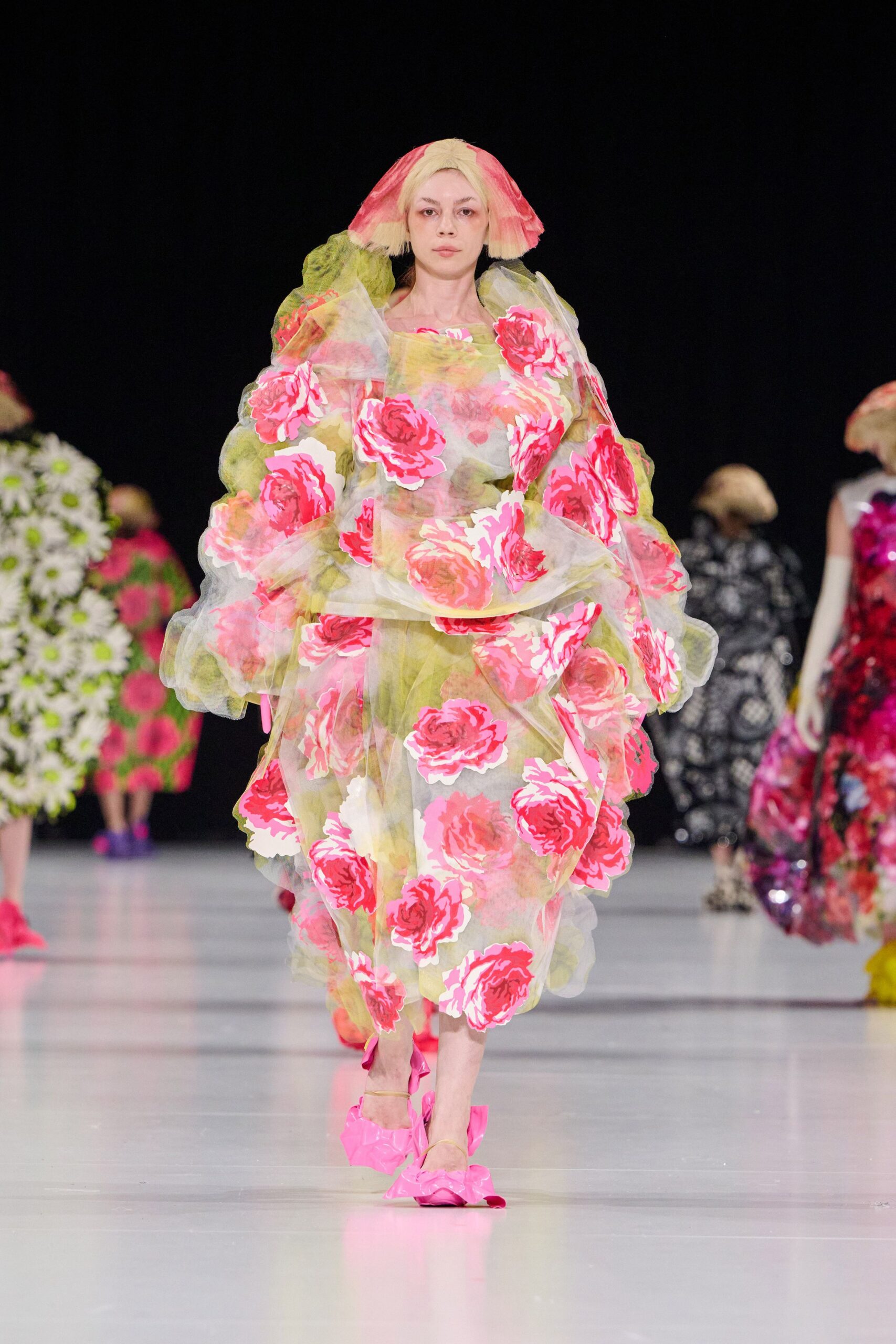 pink chiffon long-sleeve collared relaxed floral layered dress