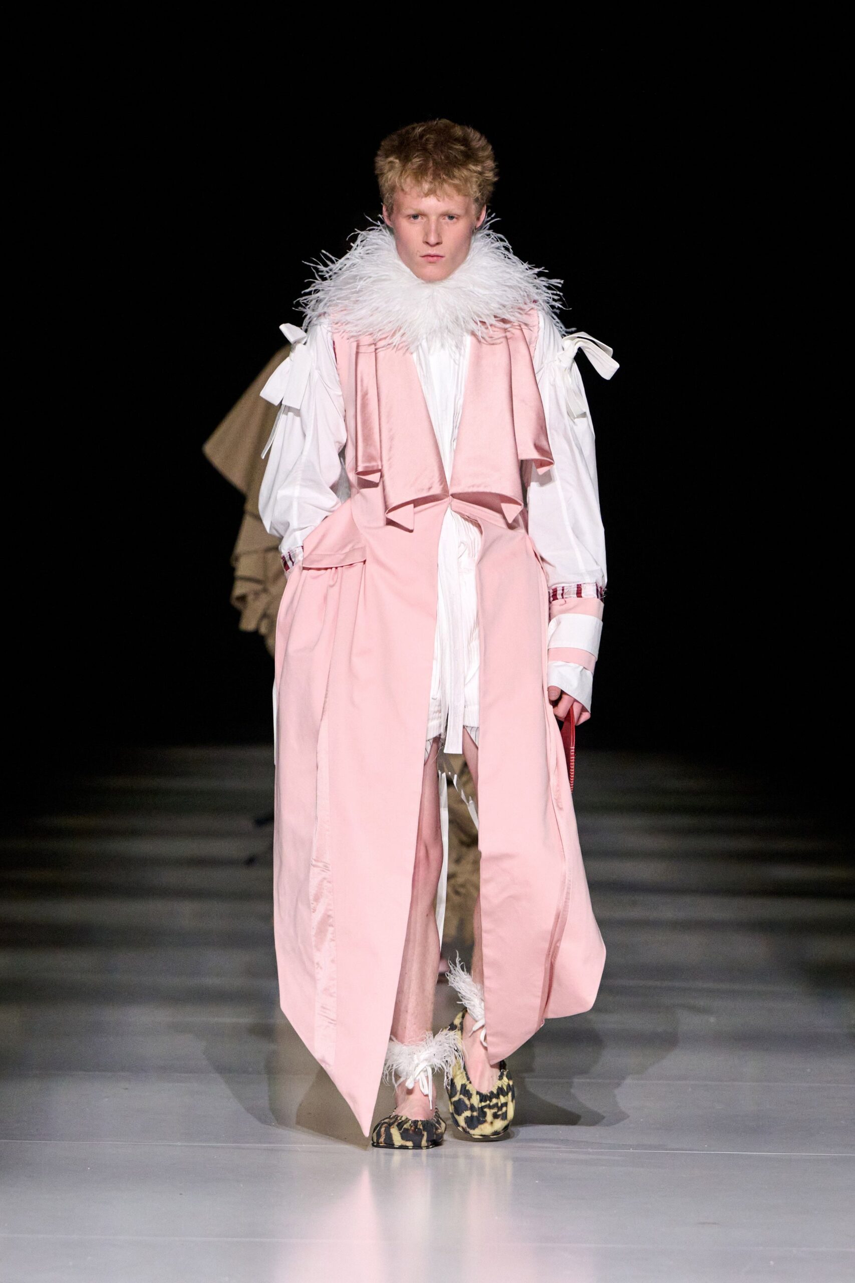 pink cotton long-sleeve collared relaxed layered fringed coat